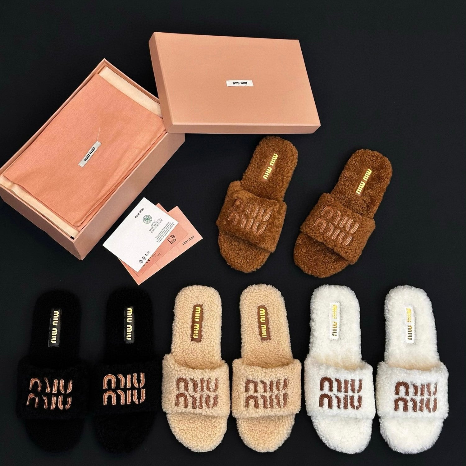 MiuMiu Women's Fall/winter Fashion Casual Round Toe Open Toe Flat Soled Shearling Slippers Shoes#78477