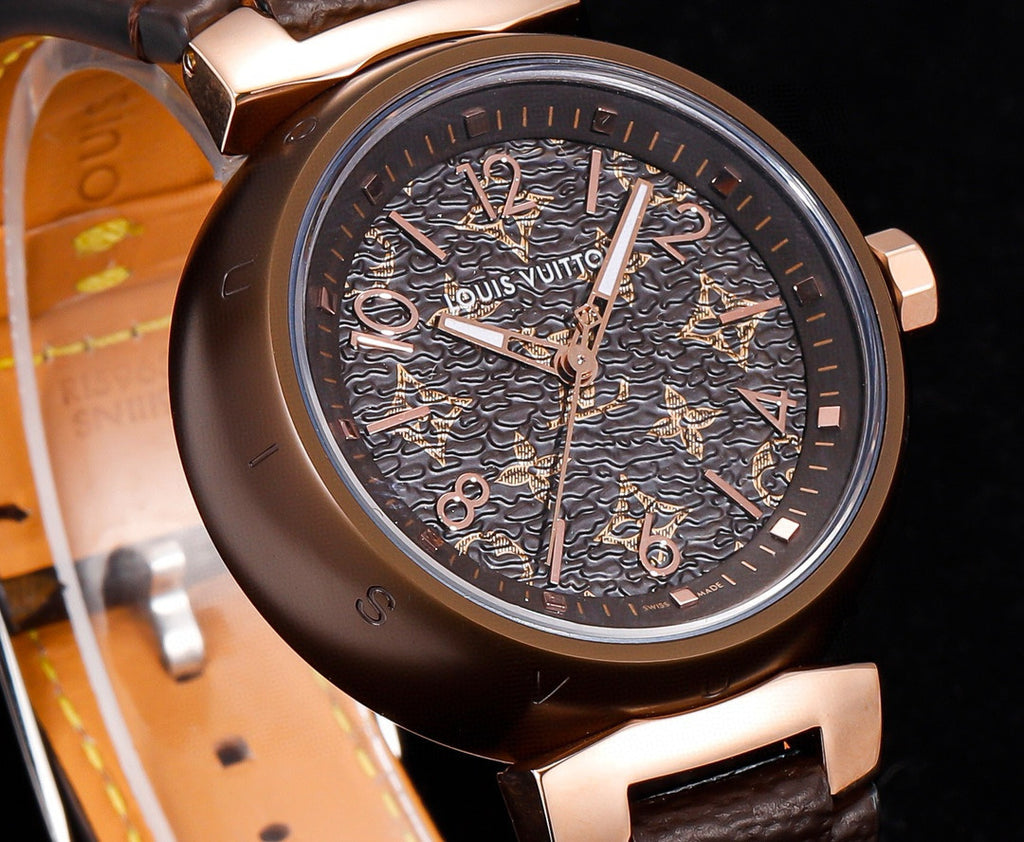Louis Vuitton Tambour Monogram Watch Quartz Movement Canvas Strap 34mm Tan Dial 100m Water Resistant #98642