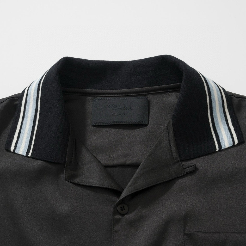 Prada Men's Summer Black Striped Letter Logo Printed Single Breasted Short Sleeve Shirt #99621
