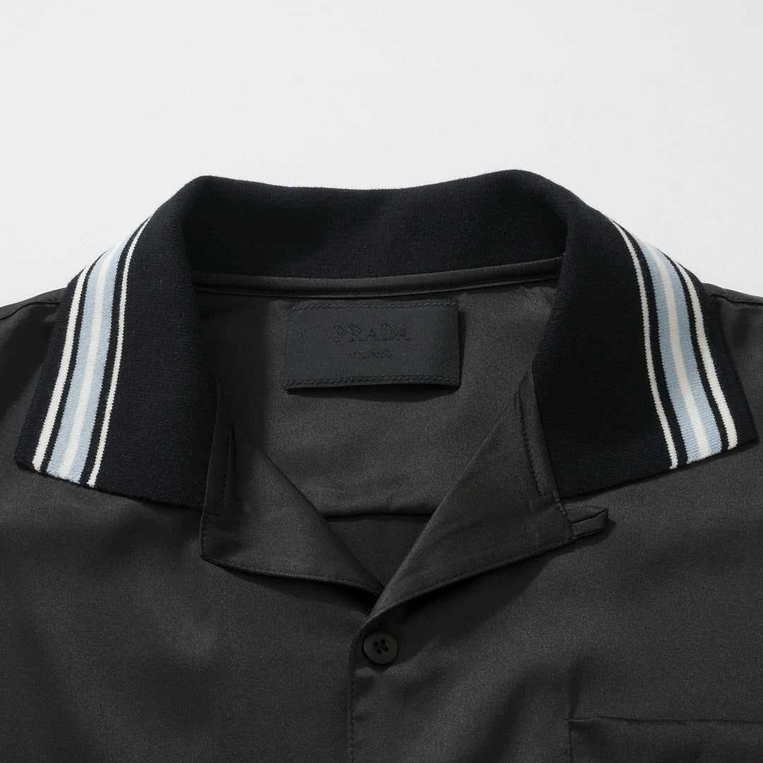 Prada Men's Summer Black Striped Letter Logo Printed Single Breasted Short Sleeve Shirt #99621