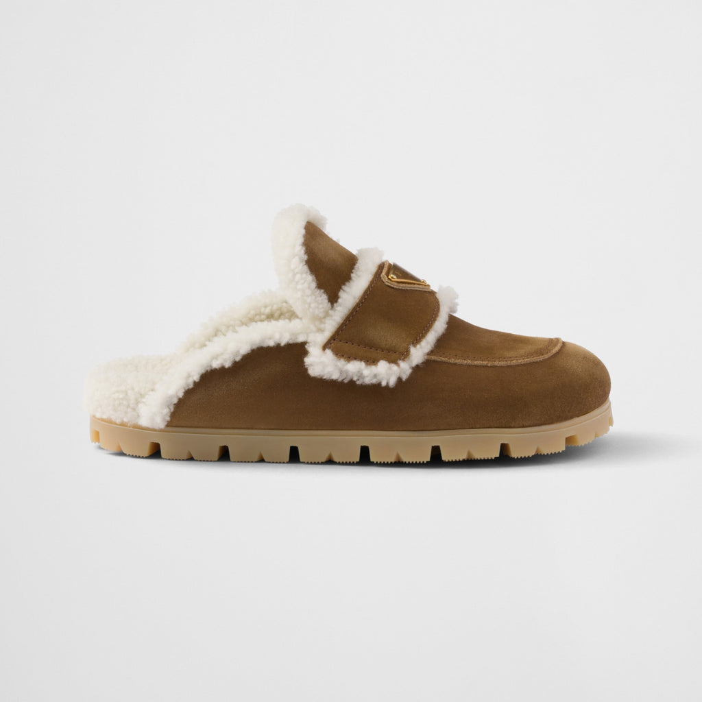 Prada Women's Fall/winter Casual Round Toe Slip On Fleece Lined Triangular Logo Birkenstock Style Slippers Shoes #79271