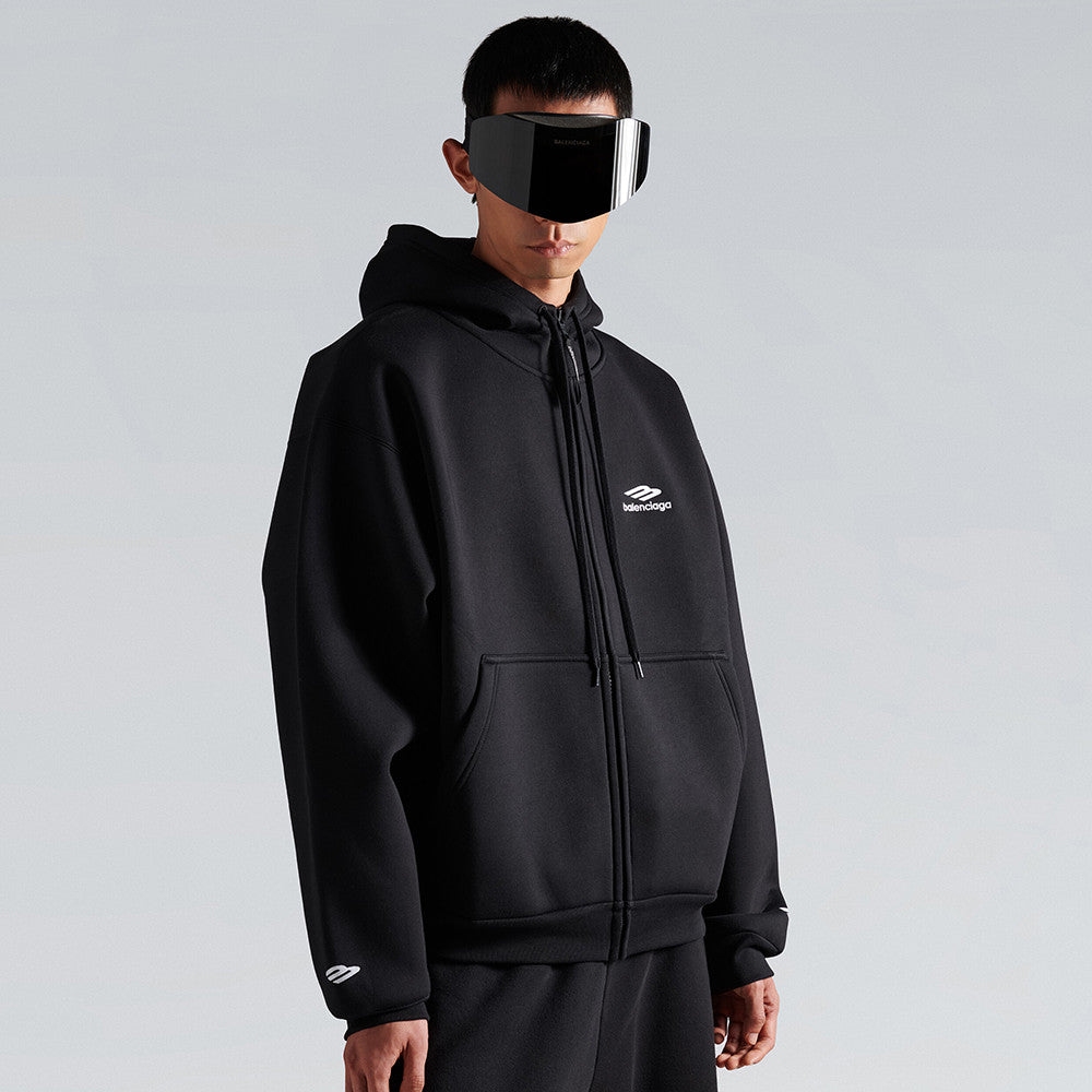 Balenciaga 3b Sports Icon Zip-up Hoodie in Washed Black White #375599