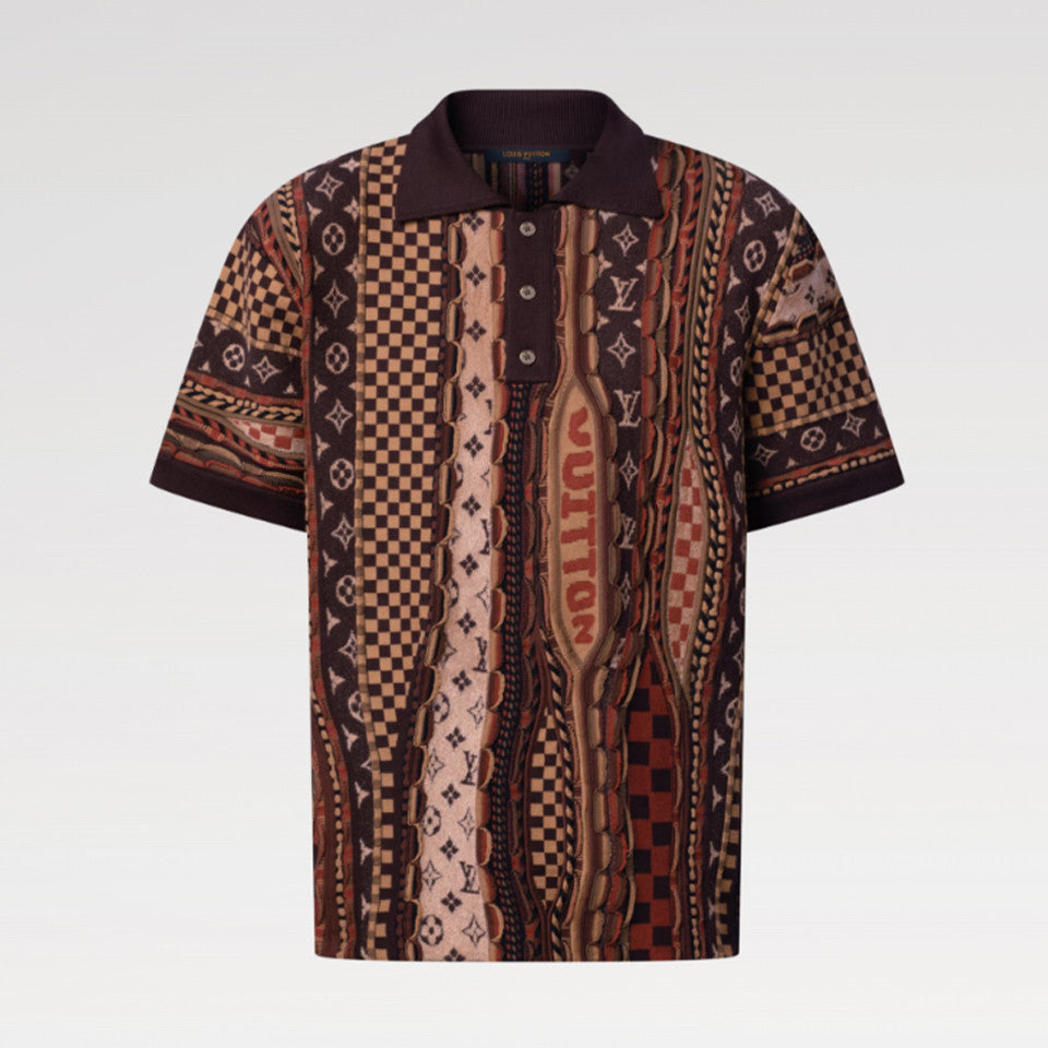 Louis Vuitton Men's Summer Logo Jacquard Knit Cotton-Blend Vintage Twist-Knit Short-Sleeve Polo Shirt #81582