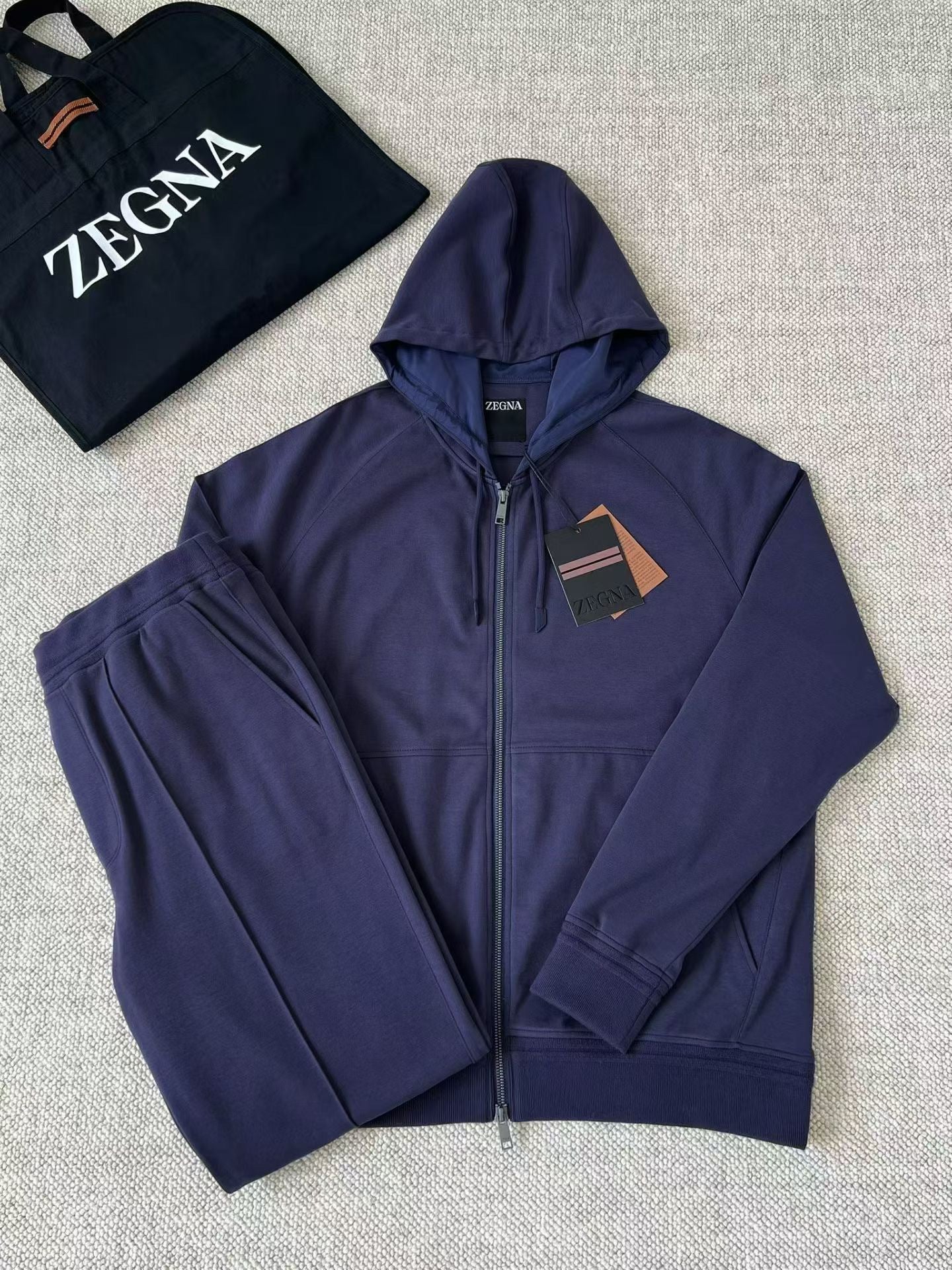 Zegna Solid Color Cotton Casual Hooded Zipper Sweatshirt and Pants #377852