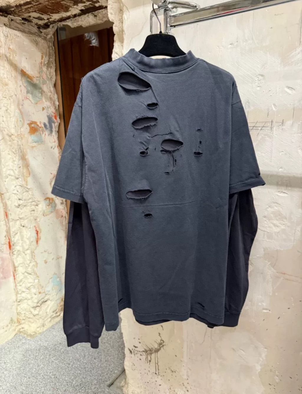 Balenciaga Men's Spring Summer 3B Sport Icon Black and Washed Black Destroyed Vintage Plain Knit Medium Fit Layered T-Shirt #75966