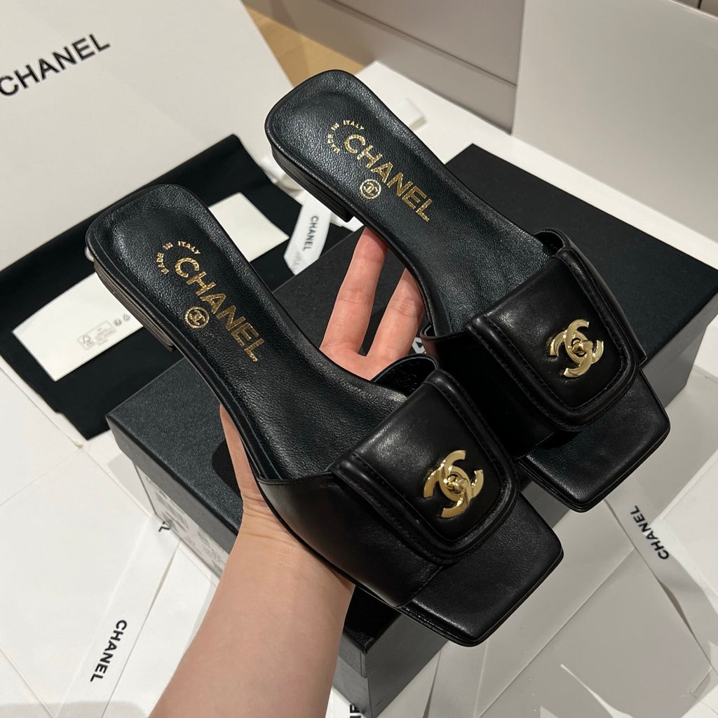 Chanel Gold Lock Square Toe Slippers #379298