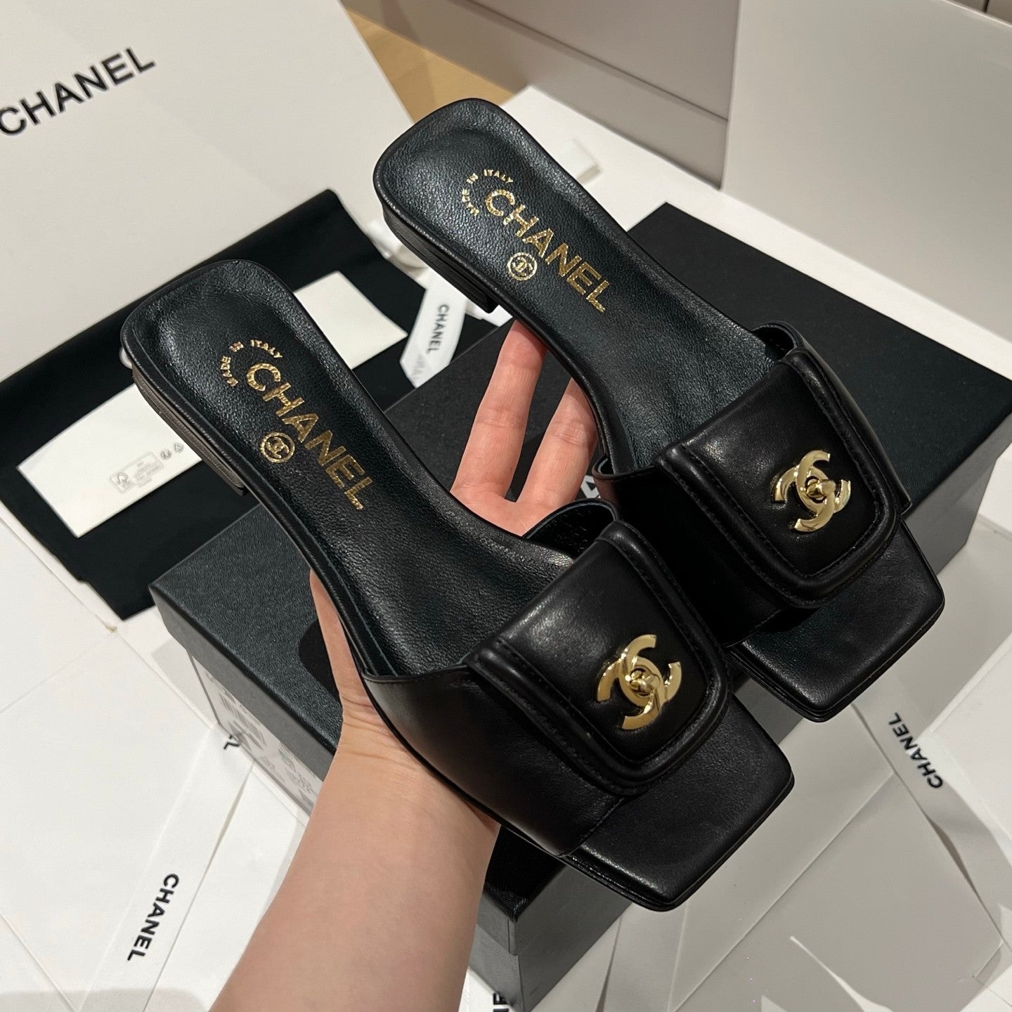 Chanel Gold Lock Square Toe Slippers #379298