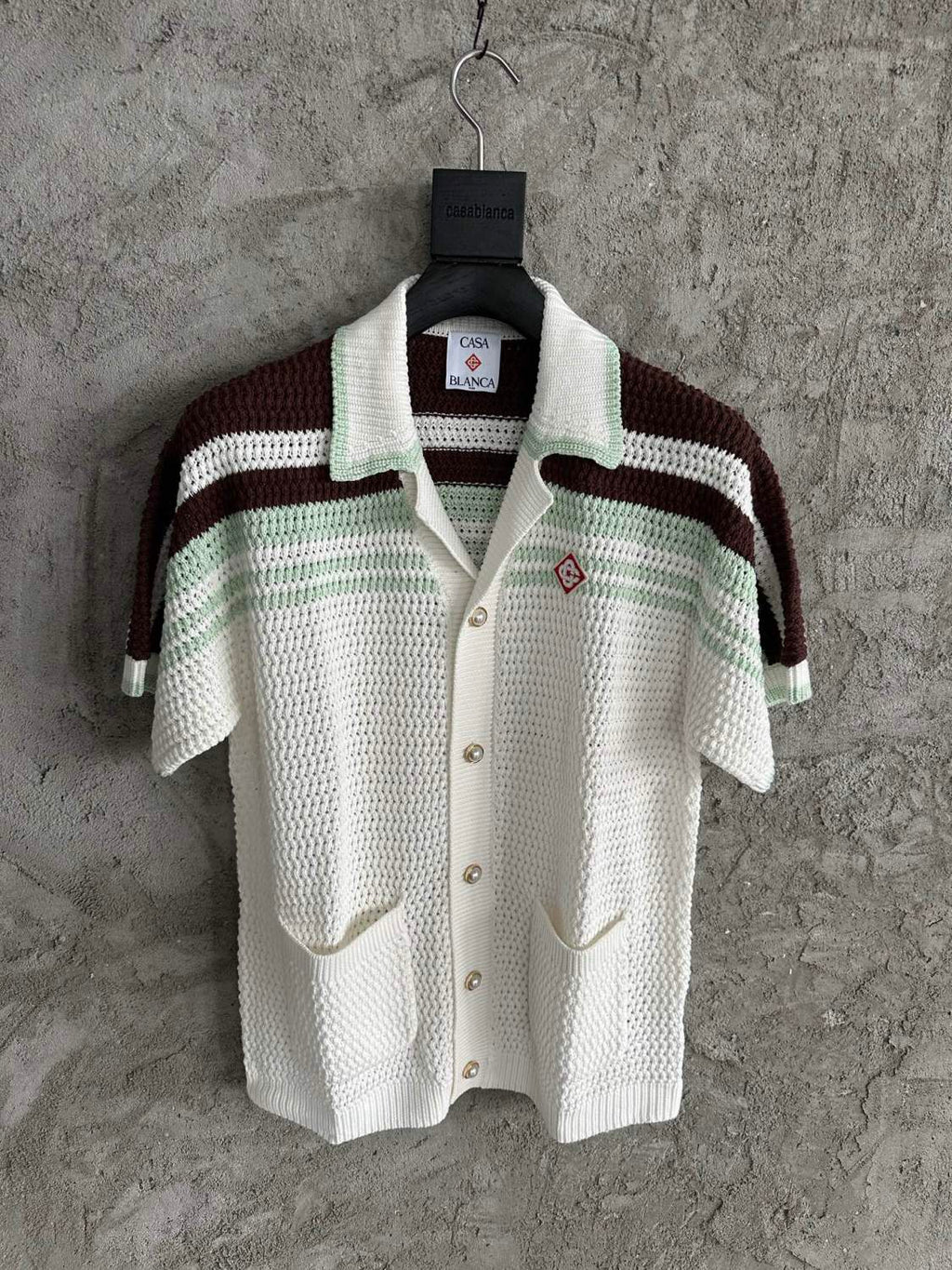 Casablanca Men's Summer Fashion Casual V-Neck Single Button Knit Striped Sweater Shirt with Elastic Drawstring Waist Knit Striped Shorts Suit Set #78593