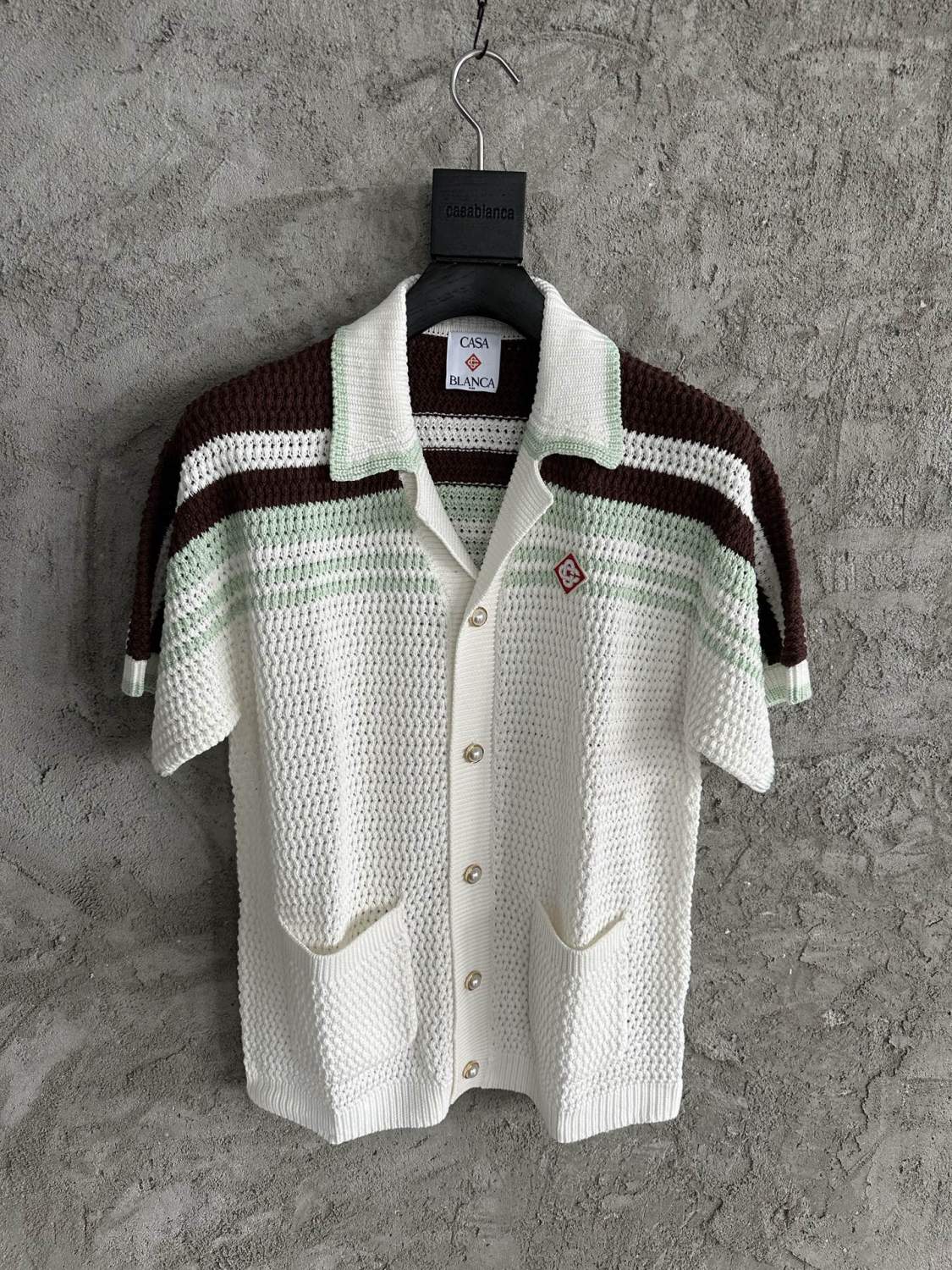 Casablanca Men's Summer Fashion Casual V-Neck Single Button Knit Striped Sweater Shirt with Elastic Drawstring Waist Knit Striped Shorts Suit Set #78593