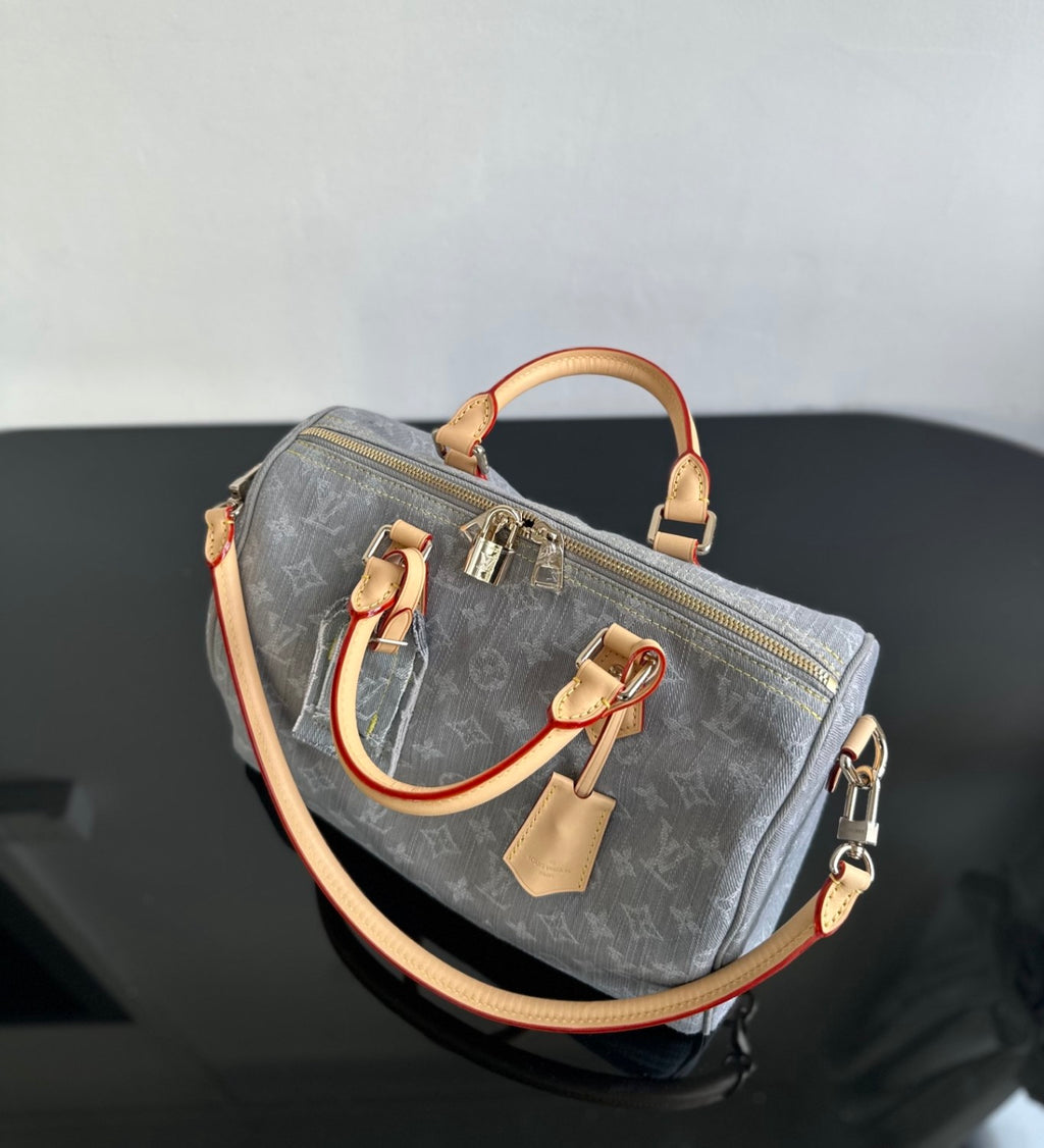 Louis Vuitton Gray Denim Speedy Soft 30 Handbag: Stylish And Elegant Classic Patterned Canvas With Leather Accents Clutch/crossbody Bag Bags M13344 #196794