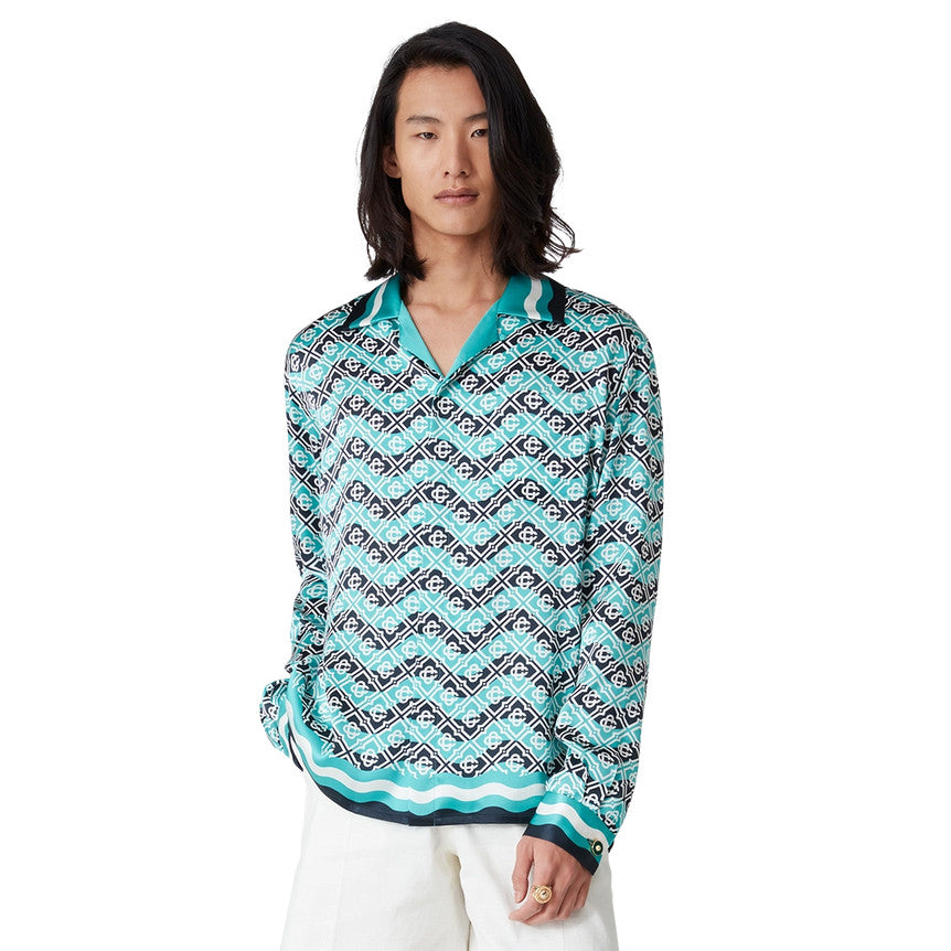 Casablanca Men's and Women's Fashion Casual Full Print Logo Silk Long Sleeve Shirt Elastic Drawstring Waist Full Print Logo Silk Long Pants Suit Set #78594