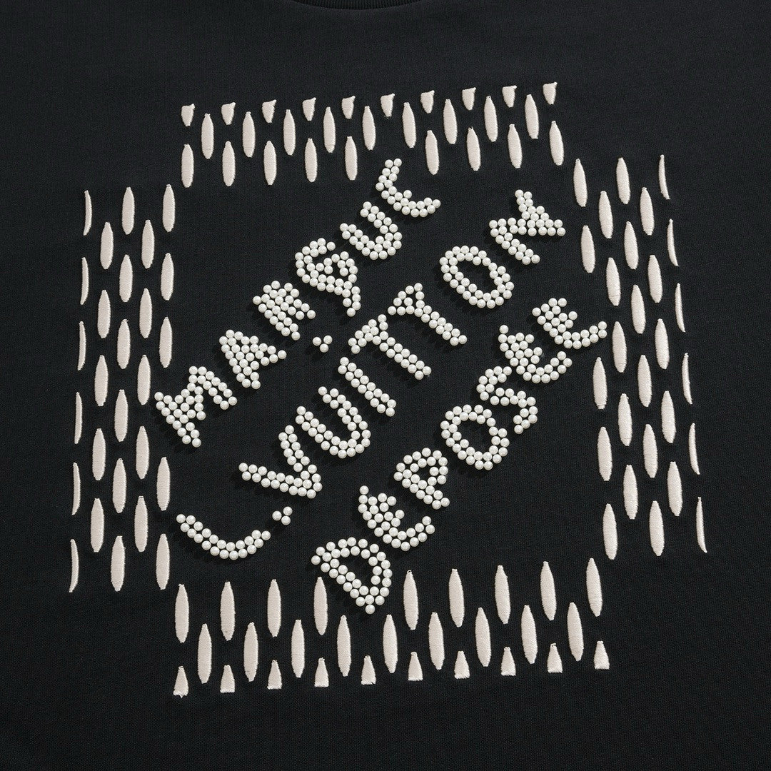 Louis Vuitton Men's Summer Beaded Embroidered Logo Black Round Neck Cotton Short Sleeve T-Shirt #98411