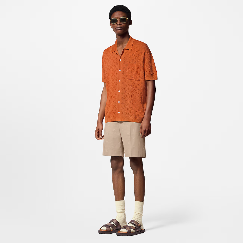 Louis Vuitton Men's Summer Orange Skeleton Letter Printed Single Breasted Short Sleeve Shirt #75627