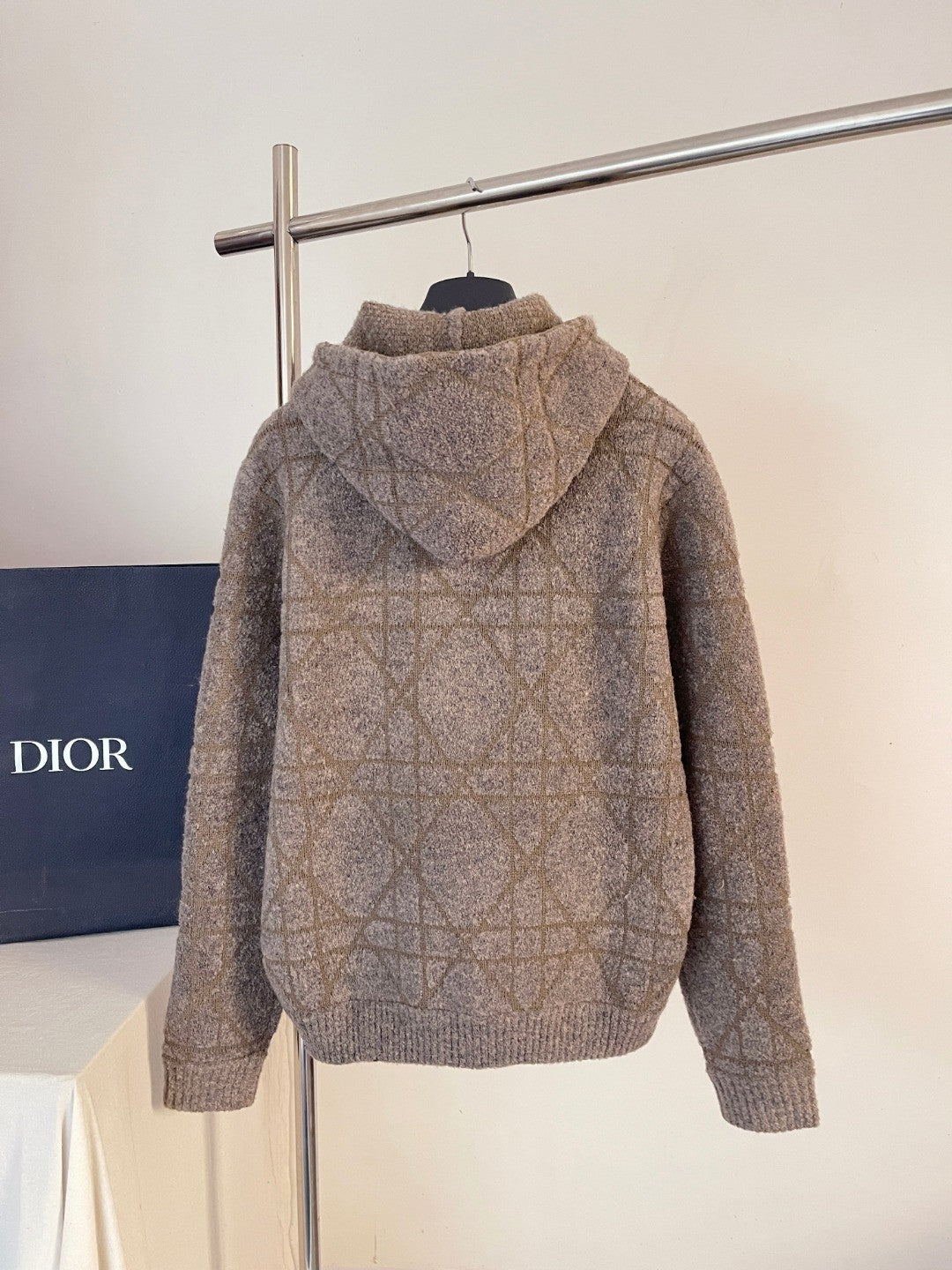DIOR Cannage Hooded Sweatshirt Beige Cotton and Wool Blend Knit#336735
