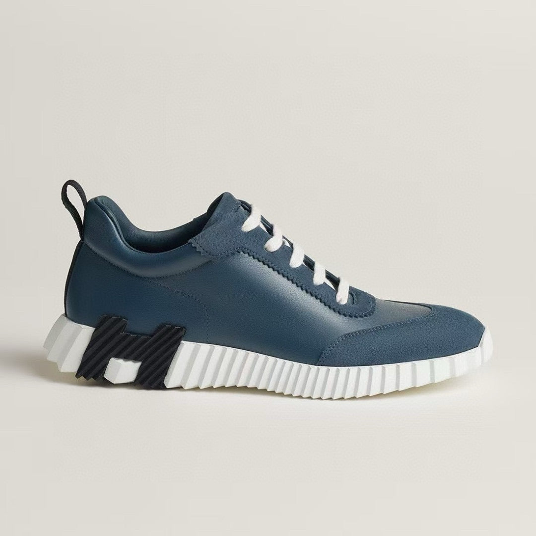 Hermes Bouncing Sneakers Men's Solid Color Leather and Suede Mesh Low-Top Lace-Up Shoes #81413
