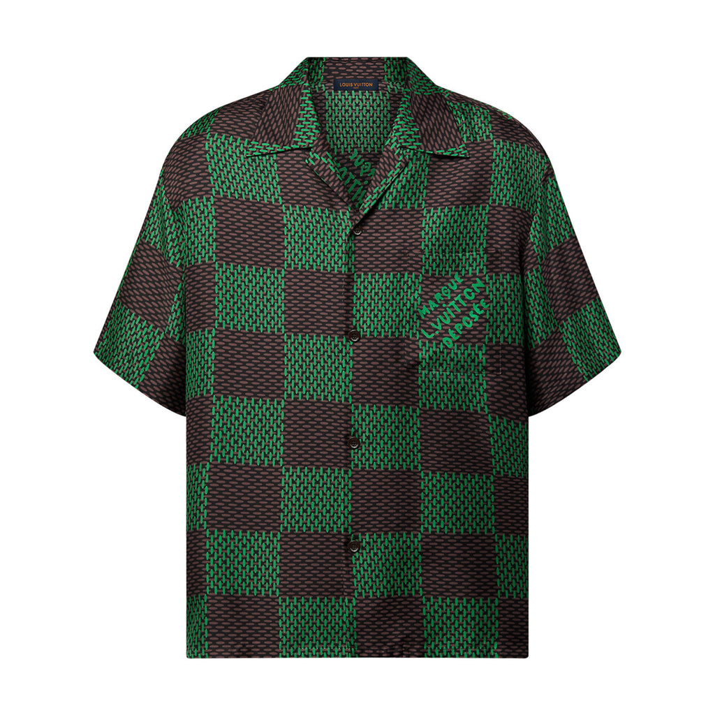 Louis Vuitton Men's Summer Green Checkerboard Logo Pattern Single Breasted Loose Short Sleeved Shirt High Waisted Elastic Leisure Shorts Pants Sei Suit #98616