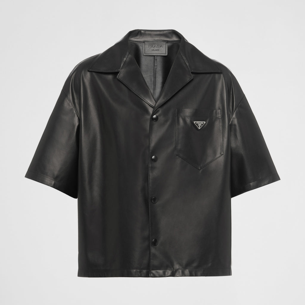 Prada Men's Summer Solid Color Leather Single Breasted Short Sleeve Shirt Stretch Shorts Set Suit #98895