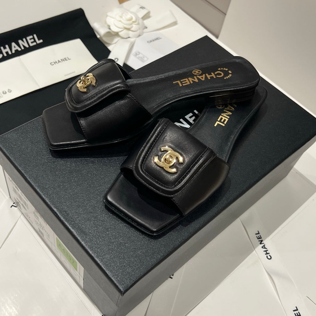 Chanel Gold Lock Square Toe Slippers #379298