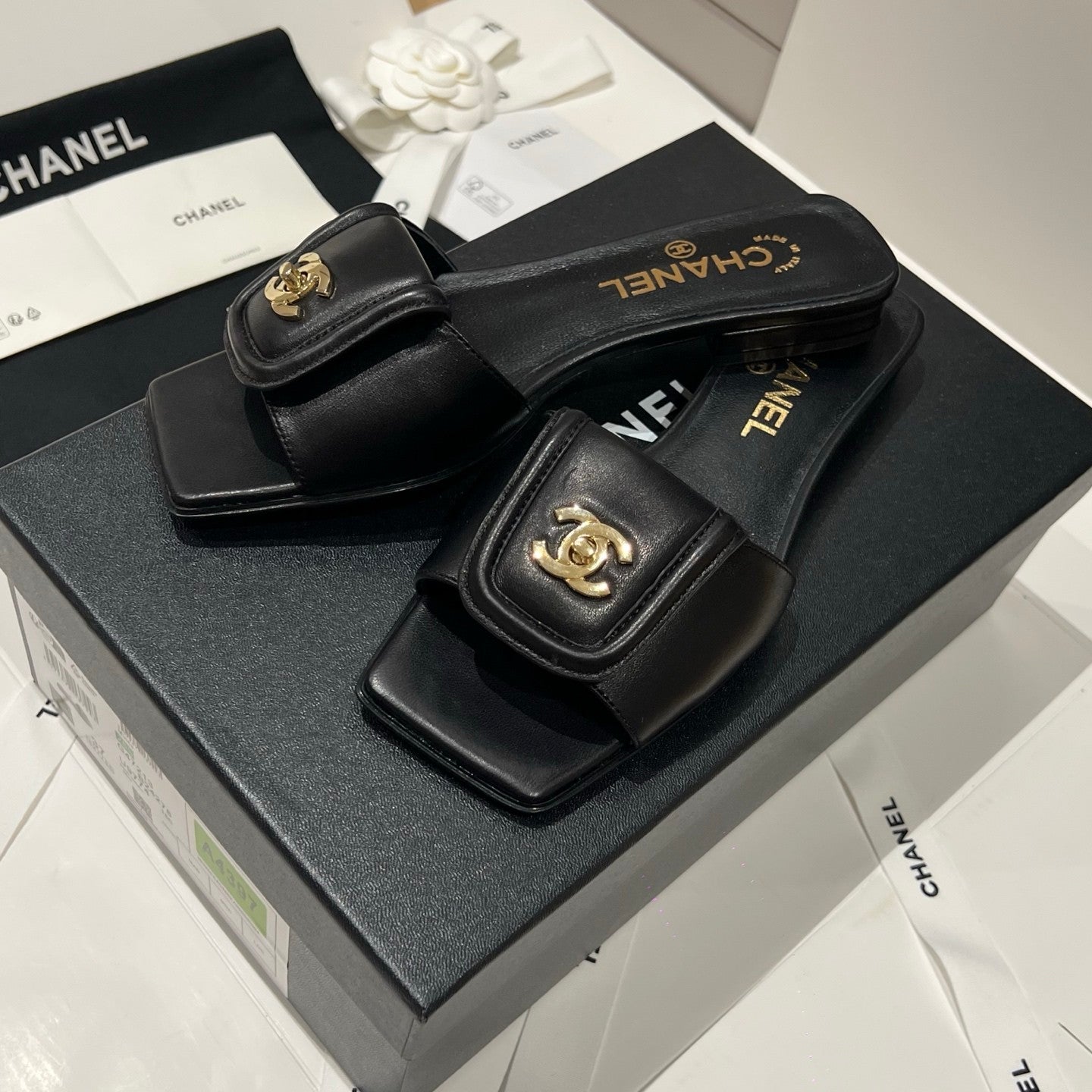 Chanel Gold Lock Square Toe Slippers #379298