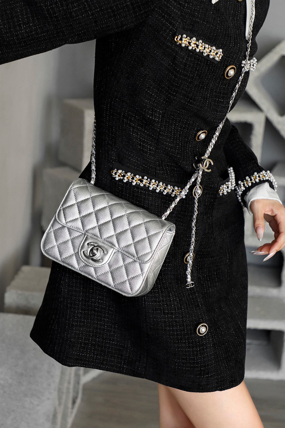 Chanel Classic Flap CF Lambskin Chain Bag Shoulder Bag Women's Silver #334148