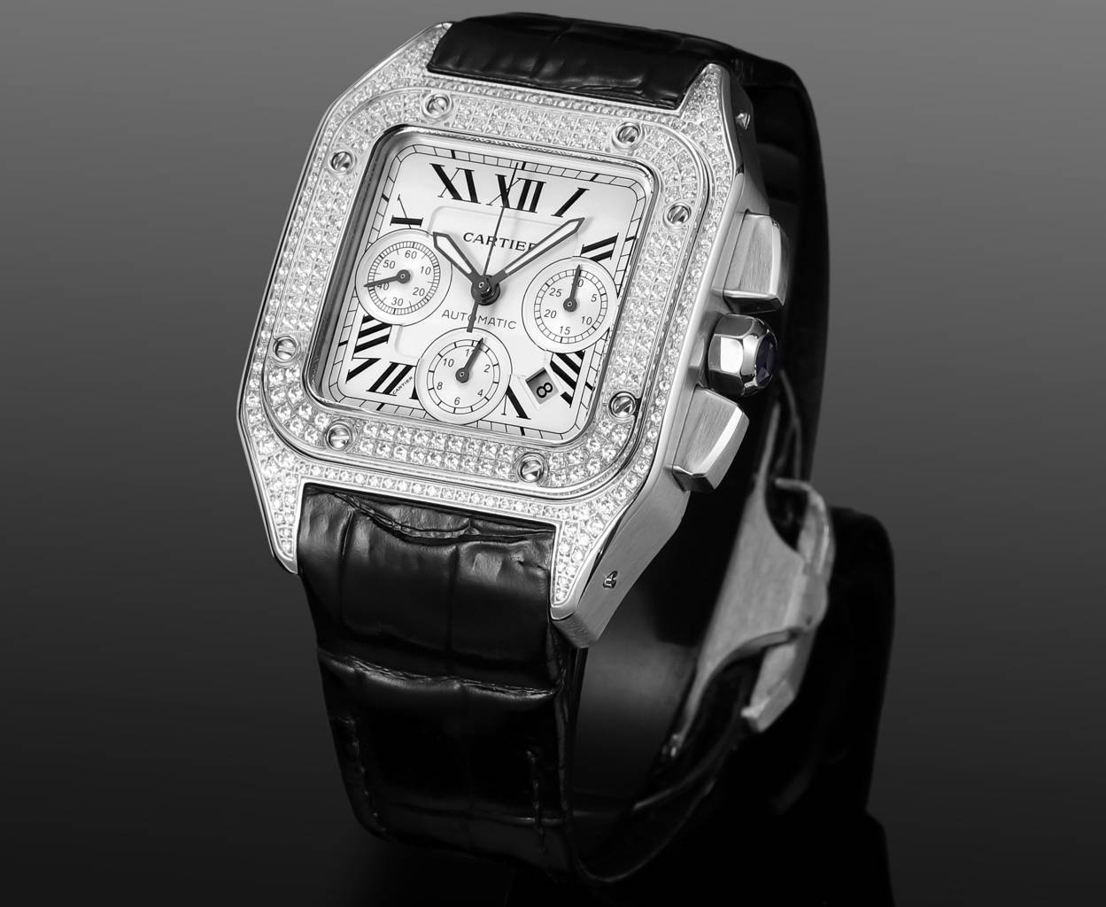 Cartier Santos Men's Automatic Mechanical Movement Roman Scale Date Display Chronograph 100M Water Resistant Mechanical Watch #72997