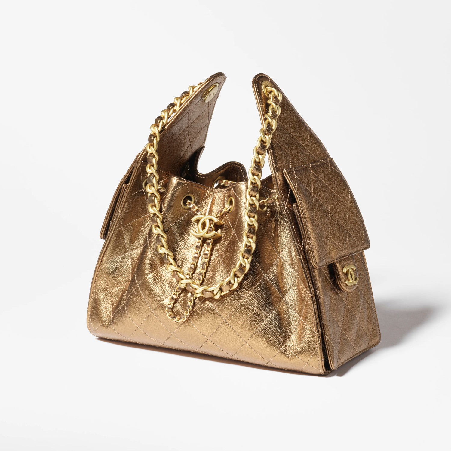 Chanel Women's Fashion Classic Solid Color Leather Logo Drawstring Underarm Bag Chain Handbag Tote Shoulder Bag Bags AS5293-B20304-U2367 Metallic-colored Leather Tends To Fade Easily #78855