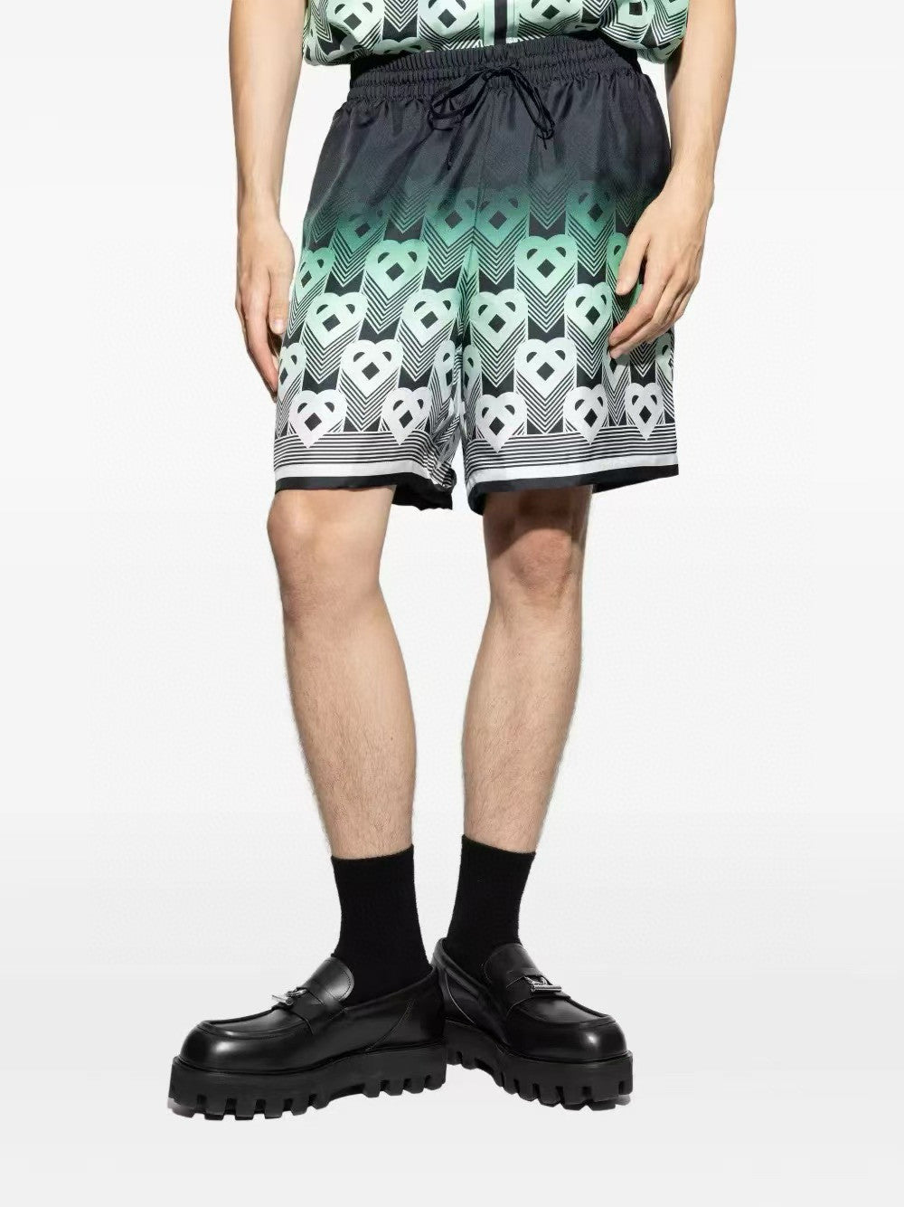 Casablanca Men's Summer Fashion Casual Heart Pattern Silk Button Down Short Sleeve Shirt with Elastic Drawstring Silk Shorts Suit Set #78592