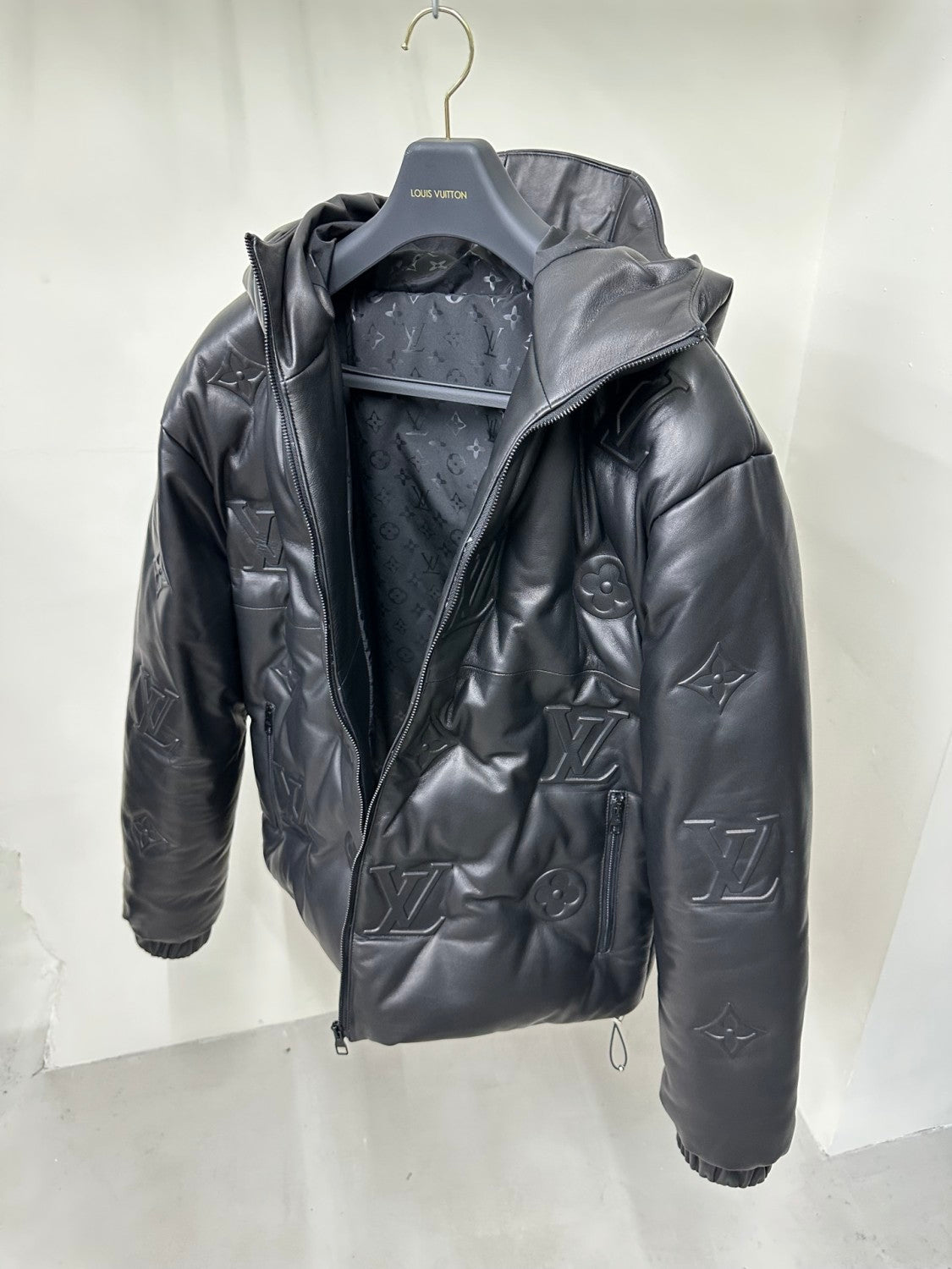 Louis Vuitton Men's Autumn and Winter Solid Color Embossed Printed Hooded Zipper Long Sleeve Puffer Down Jacket #75245