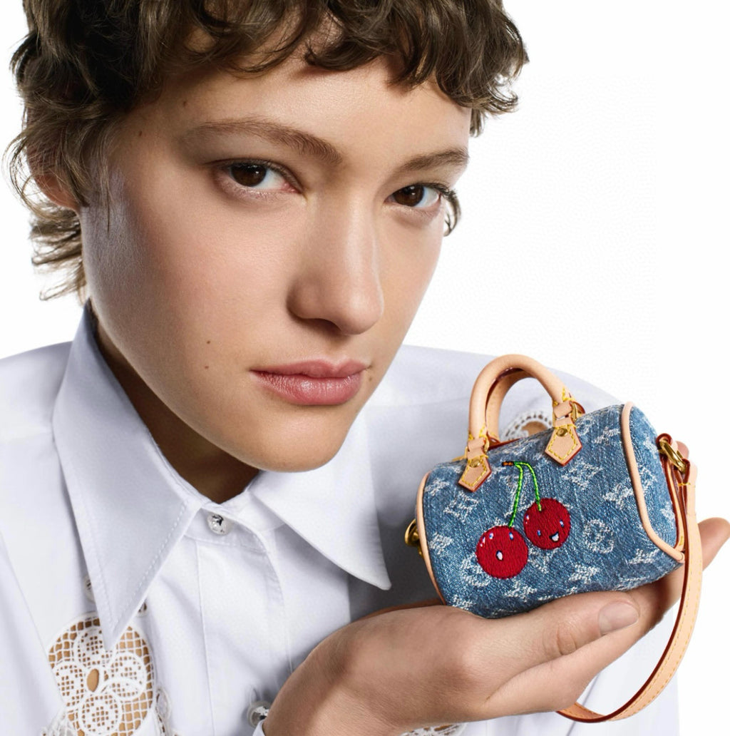 Louis Vuitton LV x TM Micro Speedy Denim Cerise Women's Blue Denim Fabric Cherry Pattern Mini Bag Bags #77583