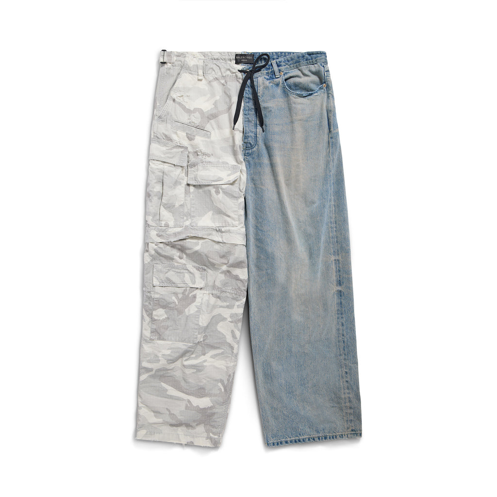Balenciaga Men's Four Seasons Vintage Washed Camouflage Splicing Frayed Jeans Fashion High Street Straight Wide Leg Work Pants Ngvp #9121