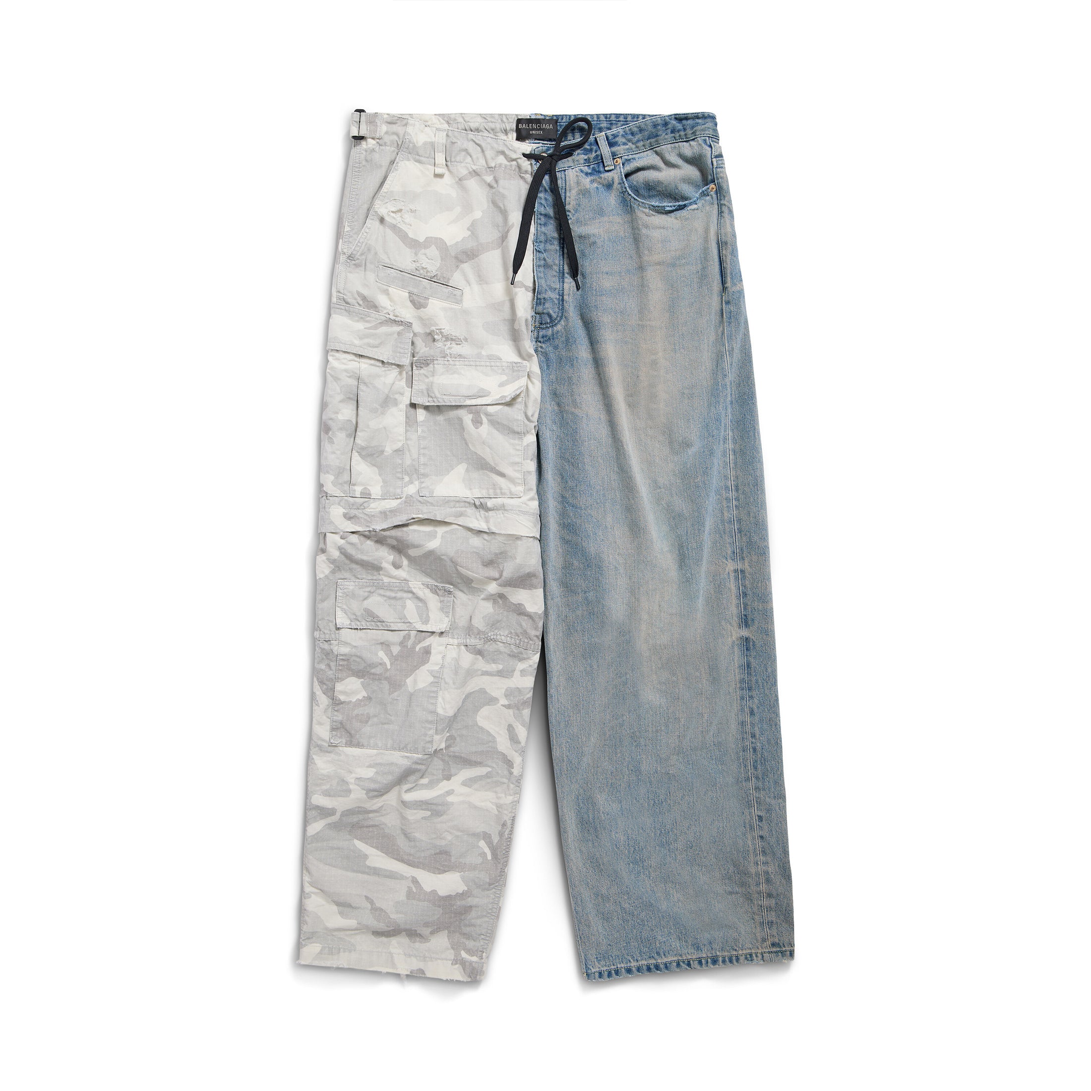 Balenciaga Men's Four Seasons Vintage Washed Camouflage Splicing Frayed Jeans Fashion High Street Straight Wide Leg Work Pants Ngvp #9121