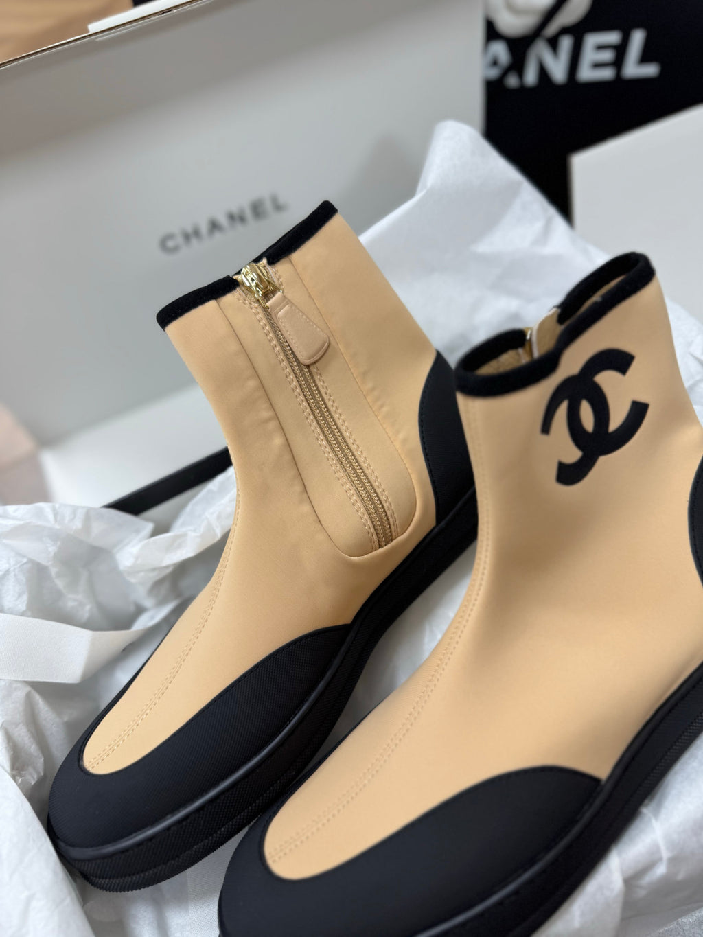 CHANEL Short Boots Mixed Fibers Rubber Beige Black #387573