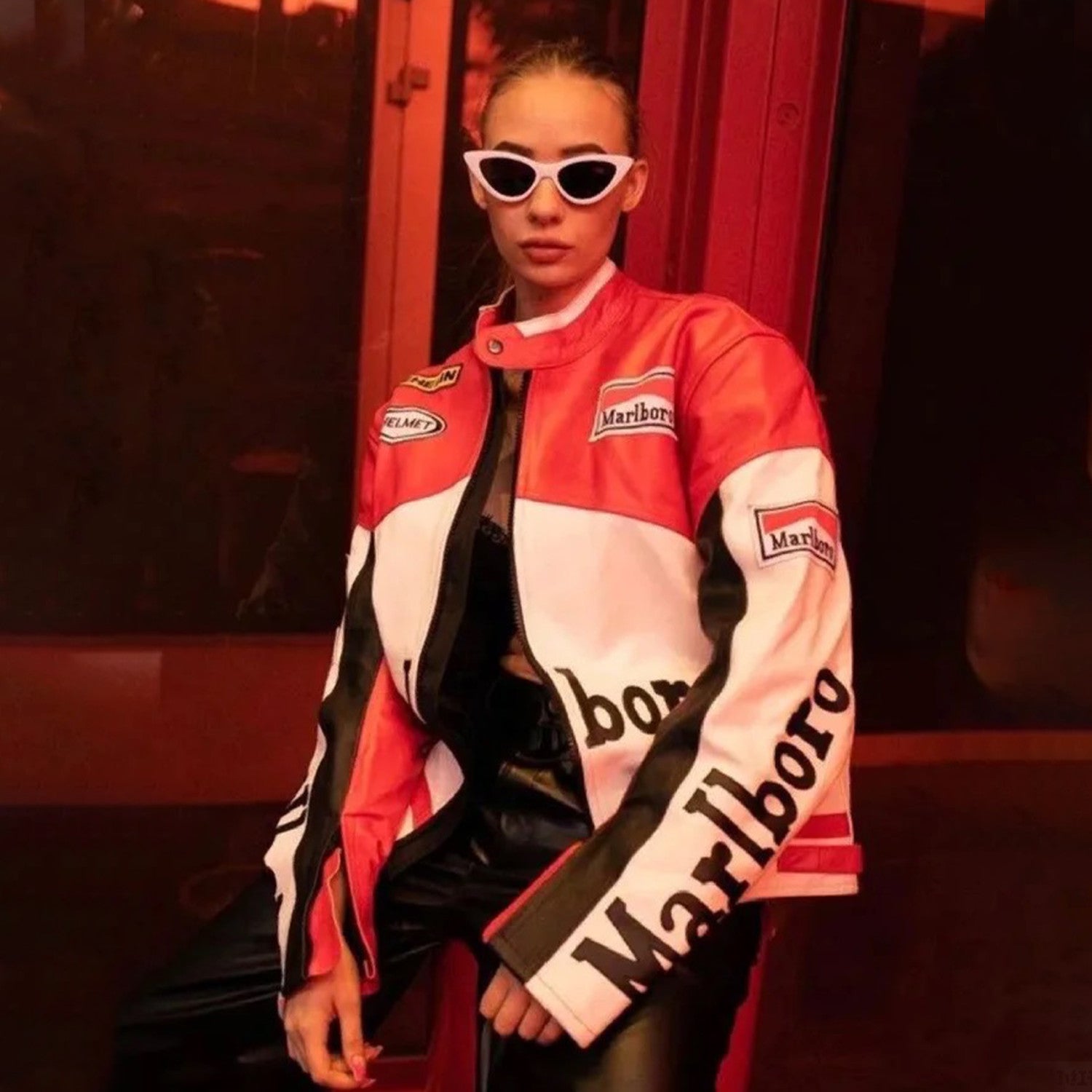 Supreme Yohji Yamamoto Marlboro Men's Women's Vintage Racing Suit Colour Blocking Fashion Leather Jacket Lapel High Street Trend Jacket Autumn and Winter #81156