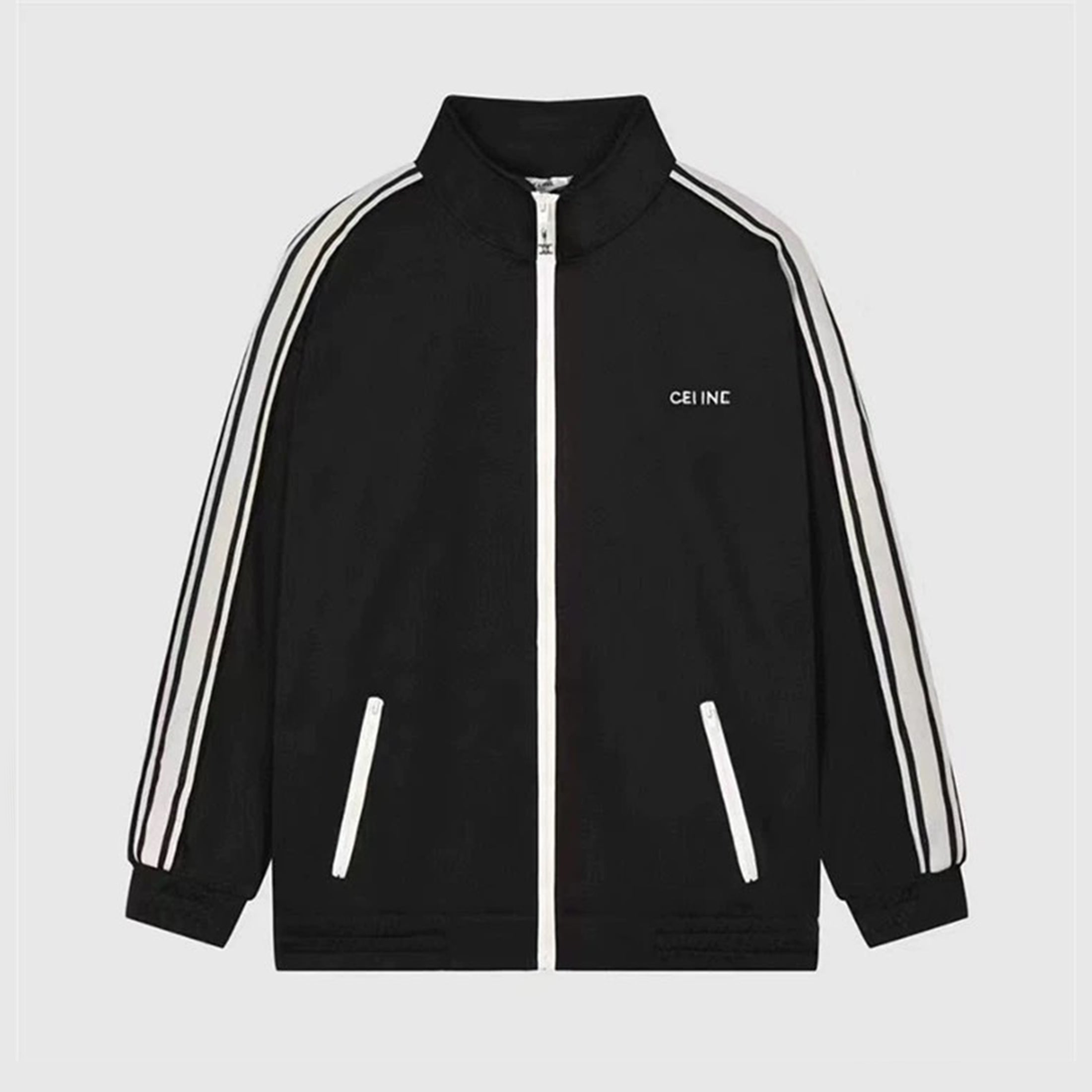 Celine Women's And Men's Spring/summer New Product Logo Sports And Casual Set Striped Letter Black Casual Loose Jacket Long Wide Leg Casual Pants #99577