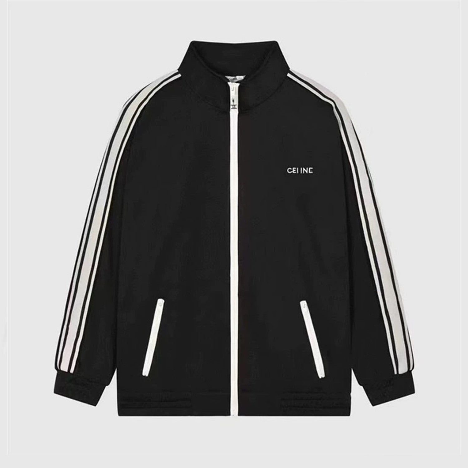 Celine Women's And Men's Spring/summer New Product Logo Sports And Casual Set Striped Letter Black Casual Loose Jacket Long Wide Leg Casual Pants #99577
