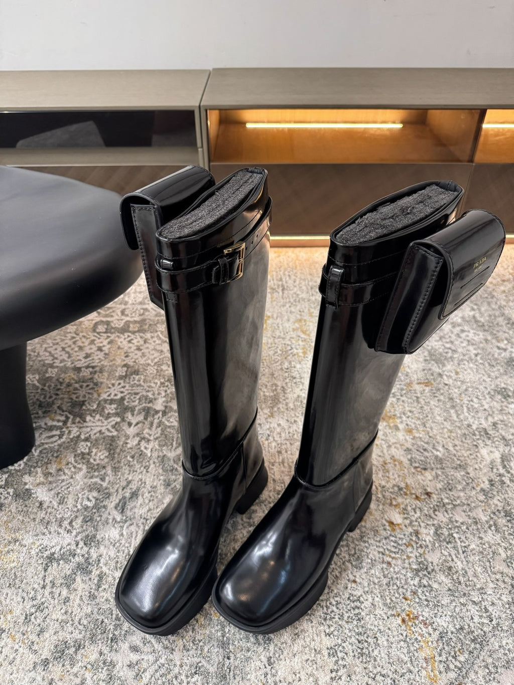 Prada Women's Autumn/winter Fashion Classic Solid Color Round Toe Buckle Shiny Leather High Top Thick Sole Boots Shoes #78385