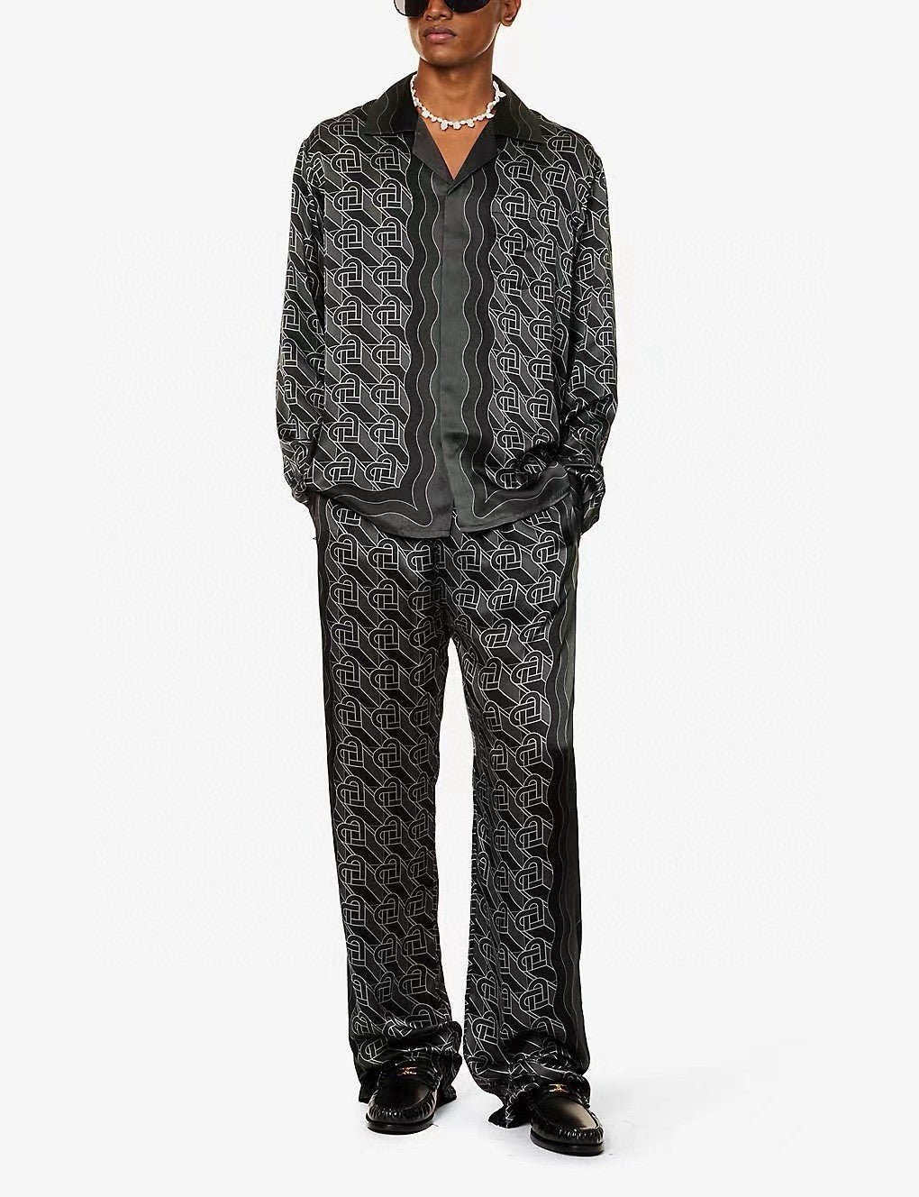 Casablanca Men's Spring And Fall Solid Color Heart Full Print Lapel Long-Sleeved Silk Loose Shirt Casual Elastic Waist Straight Pants Ngvp #8827