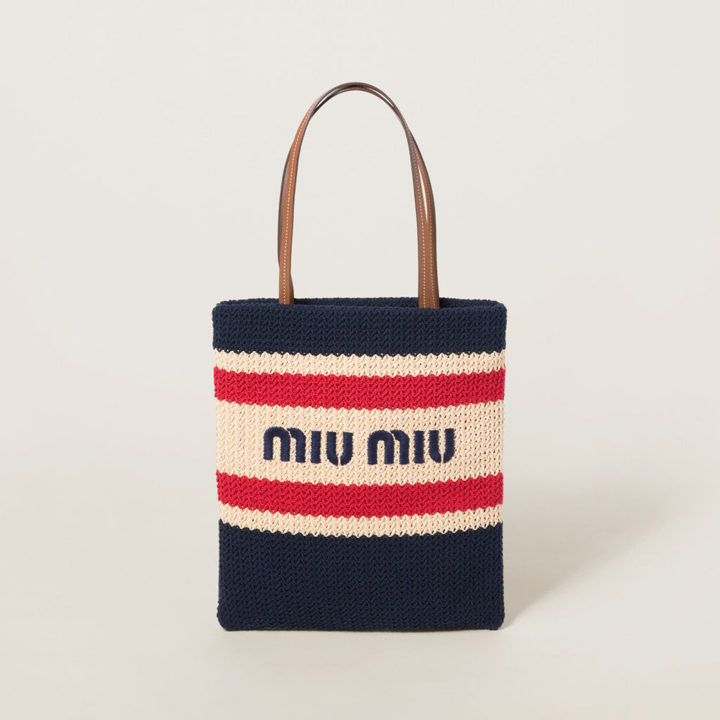 MiuMiu Women's Logo Embroidery Raffia Patchwork Cotton Thread Woven Shopping Bag Shoulder Tote Bags #76743