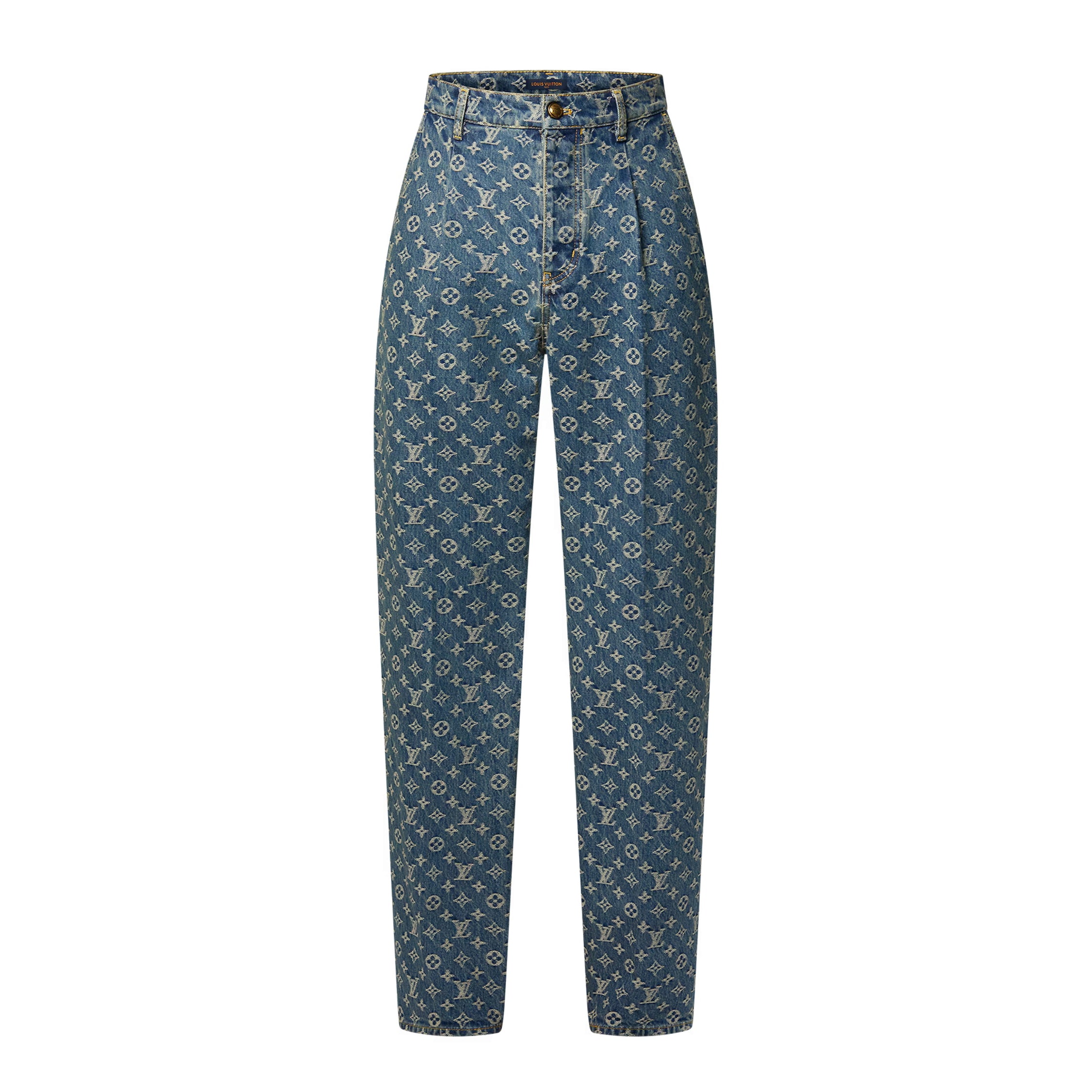 Louis Vuitton Men's Spring and Autumn Blue Cotton Monogrammed Full Print Jeans Pants #74415