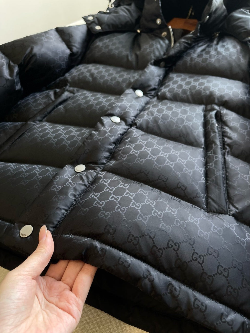 Gucci Men's Fall/Winter Black Trimmed Webbing GG Nylon Jacquard Hooded Zipper Long Sleeve Puffer Down Jacket #73728