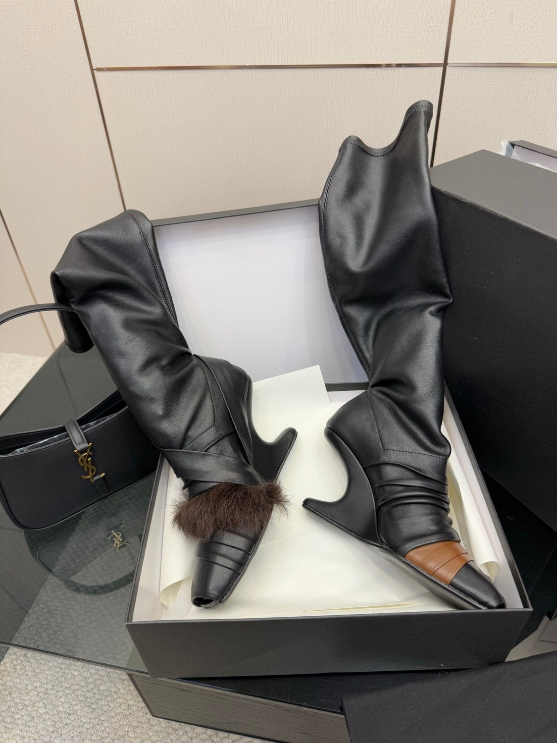 Rick Owens Women's Fall/Winter Fashion Classic Leather Booties Cowhide and Sheepskin Blend in Brown Lambskin Fishmouth Square Toe Design Fur Trimmed Panels Long Boots Shoes #79497