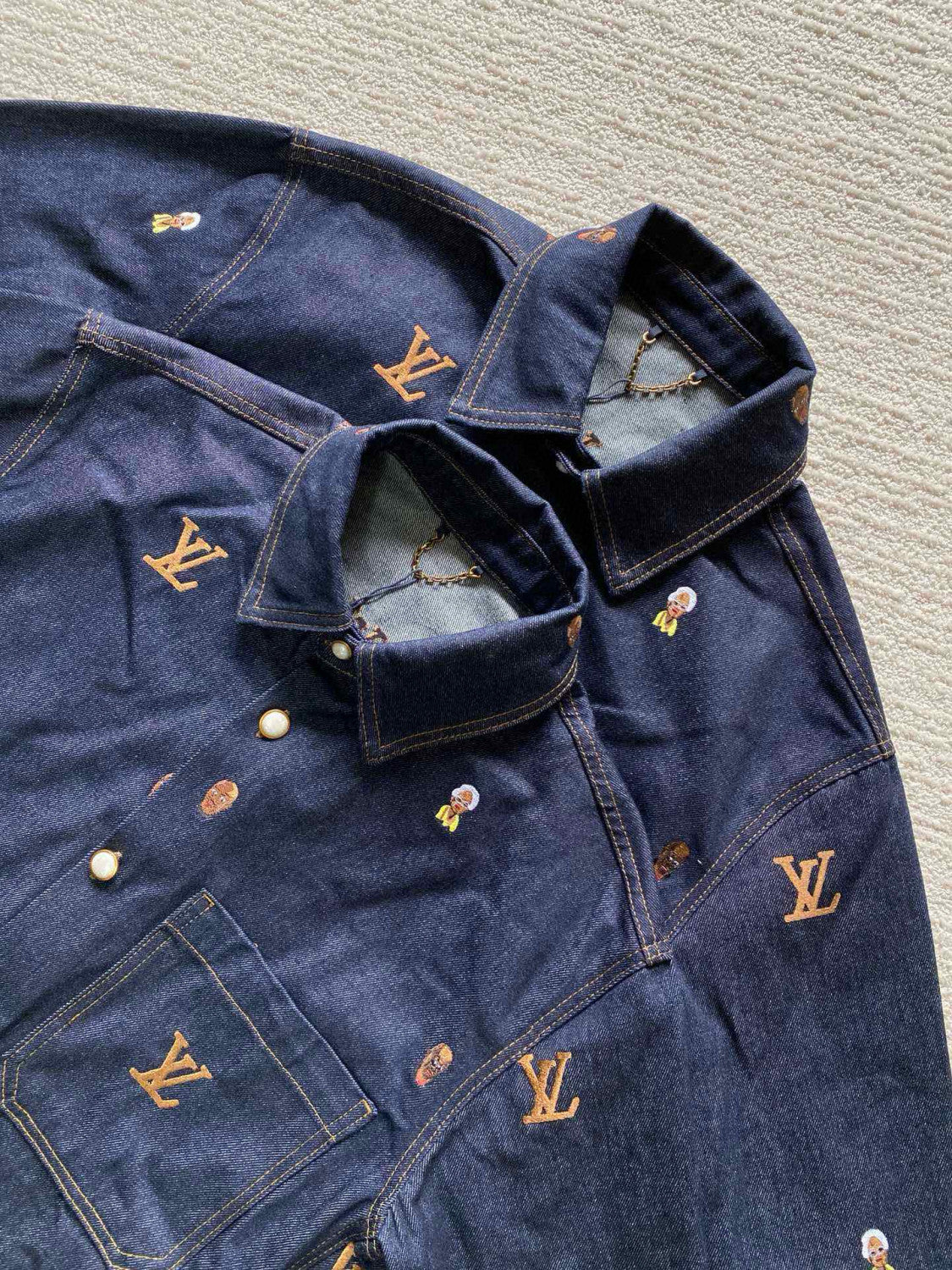 Louis Vuitton Men's Spring & Autumn Monogrammed Embroidered Single Breasted Lapel Loose Denim Jacket Style Shirt #98713