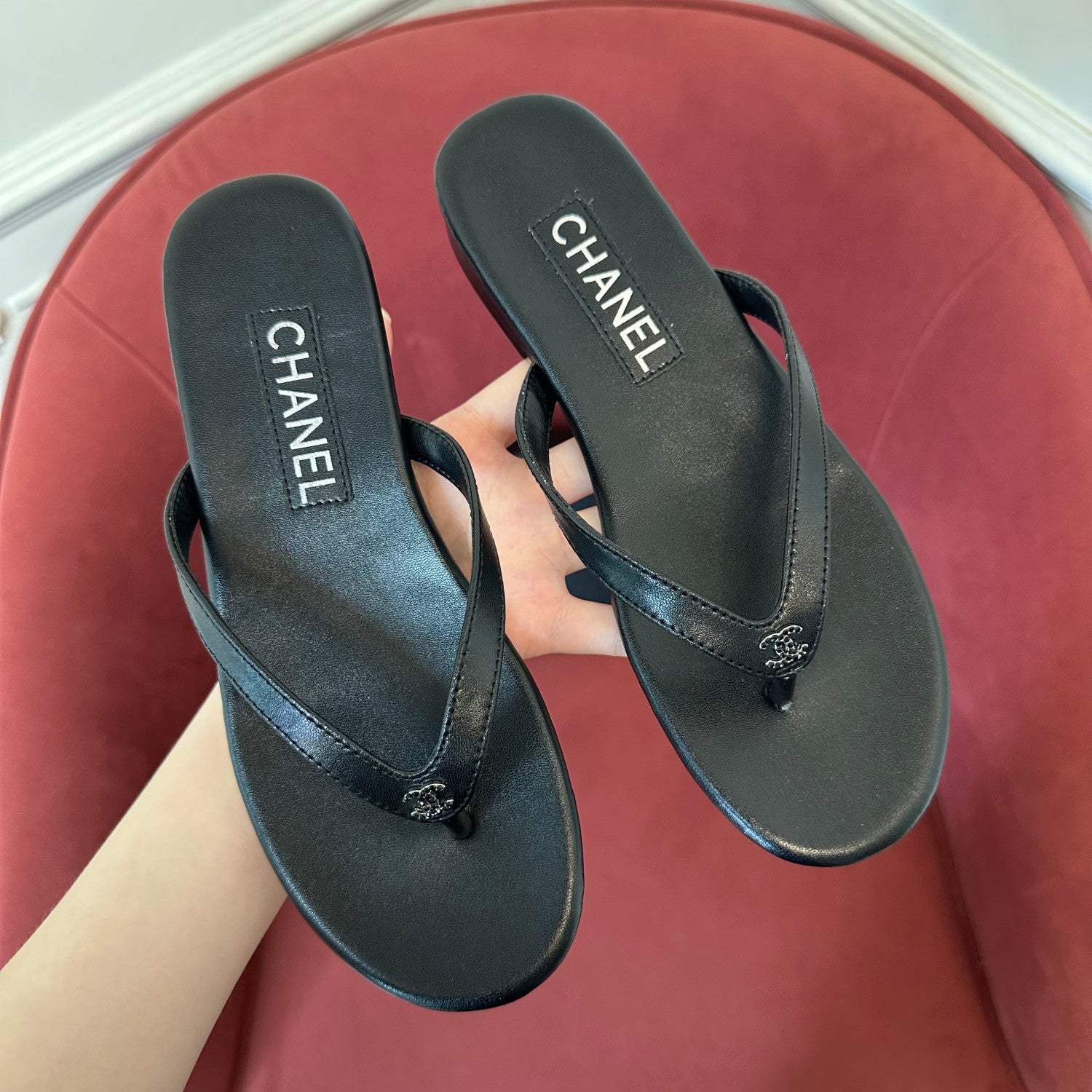 Chanel Women's Summer Fashion Casual Simple Round Toe Open Toe Leather Thong Sandals Shoes #78433