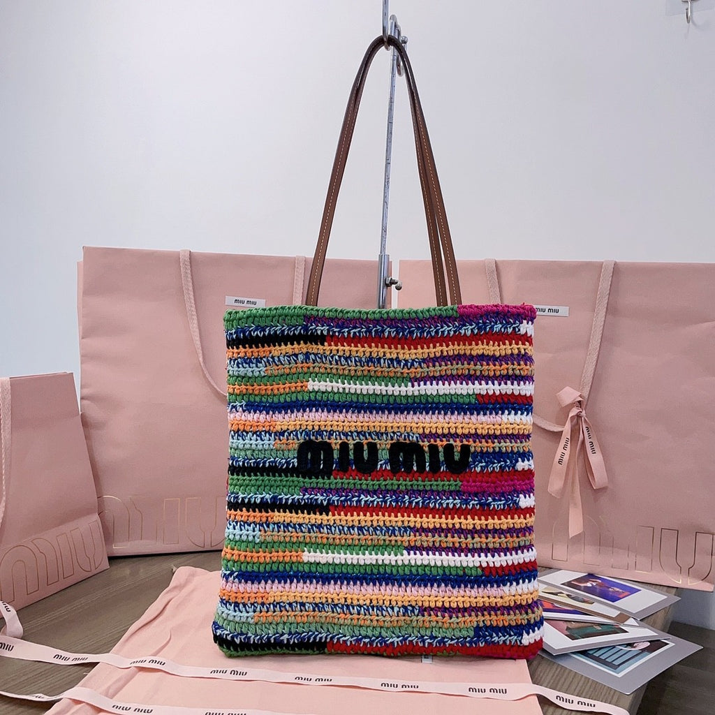 MiuMiu Women's Multicolour Embroidery Logo Crochet Shopping Bag Shoulder Handbag Tote Bags #76739