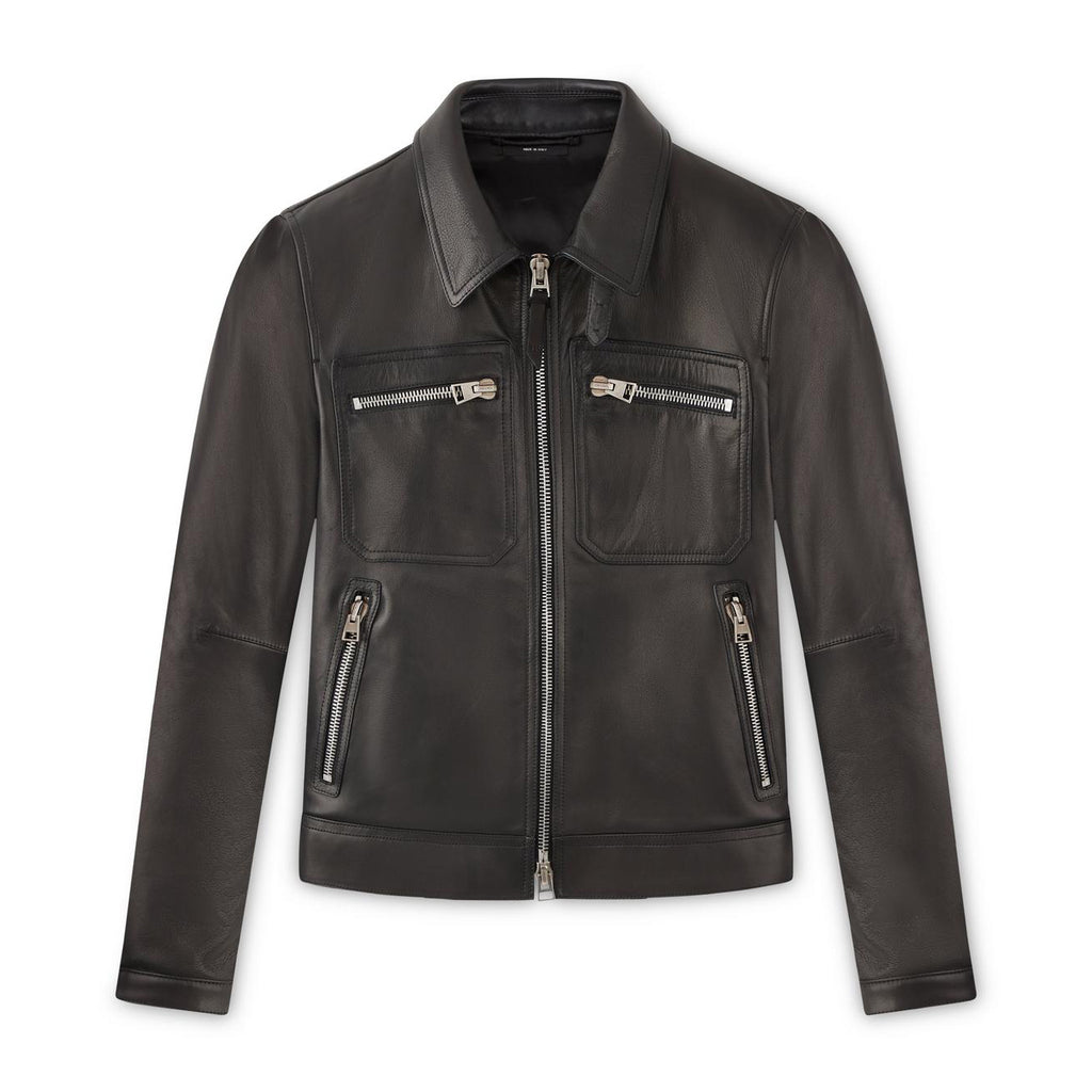 Tom Ford Men's Icon Leather Zip Blouson Winter Black Leather Zip Lapel Biker Jacket #97484
