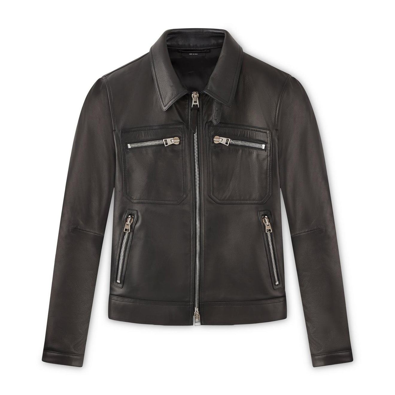 Tom Ford Men's Icon Leather Zip Blouson Winter Black Leather Zip Lapel Biker Jacket #97484