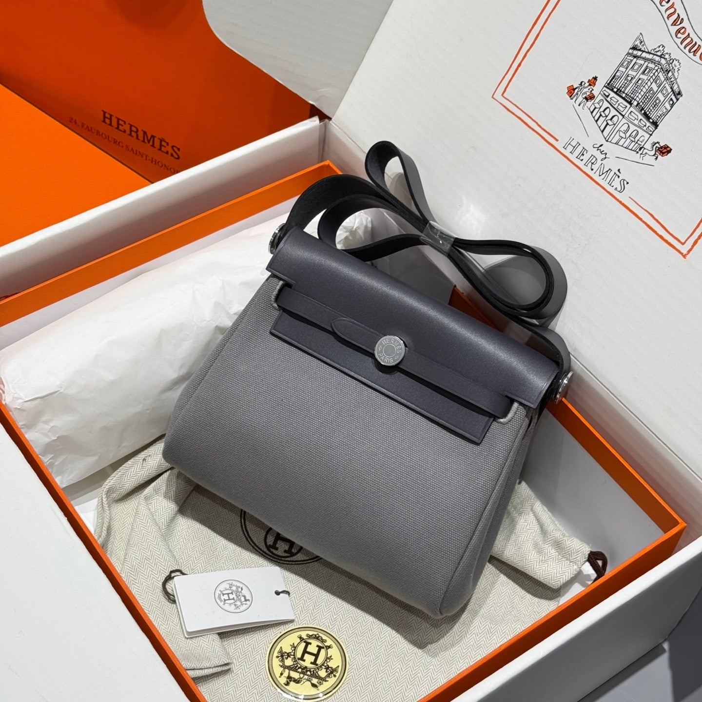 Hermes H -Mini Herbag Women's Color Blocking Metal Buckle Canvas and Cowhide Handbag Shoulder Satchel Bag Bags #76411