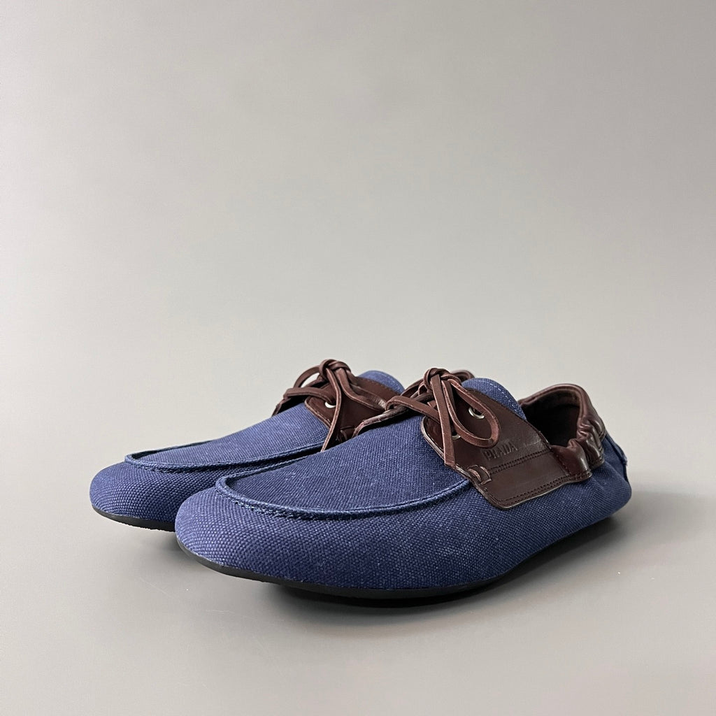 PRADA Shuffle Aged Canvas And Leather Boat Shoes #381722