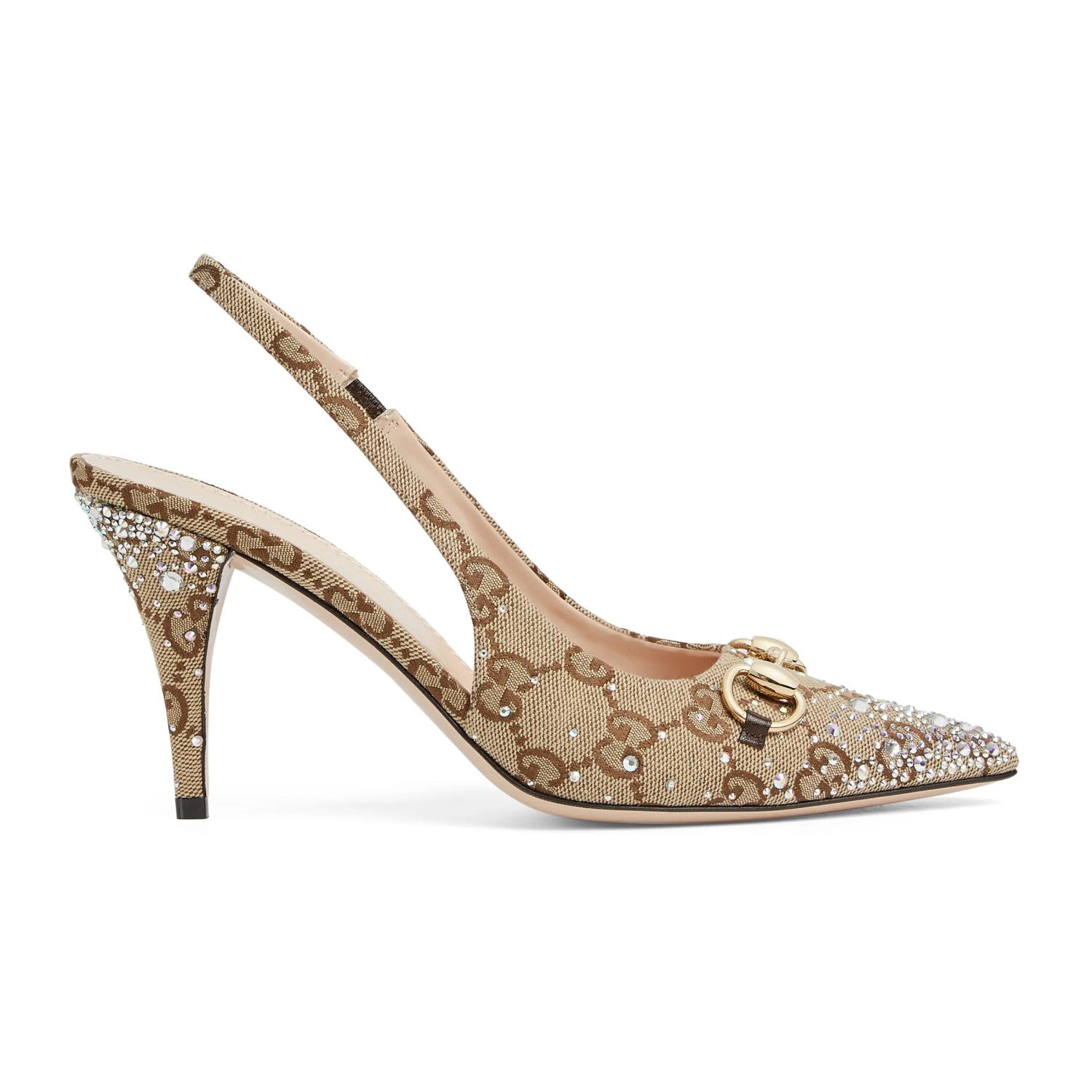 GUCCI Crystal-embellished Horsebit Buckle Women's Back-tie Low-cut Shoes Women's Spring/summer GG Canvas Crystal High-heel Shoes Elegant Luxurious Heel Height: 10cm #81437