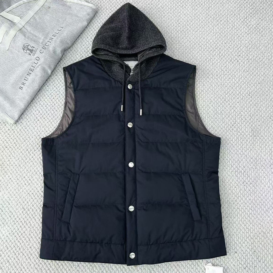Brunello Cucinelli Men's Fall/Winter High-Street Color-Blocked Single-Breasted Solid Sleeveless Hooded Down Vest Ngvp #2321